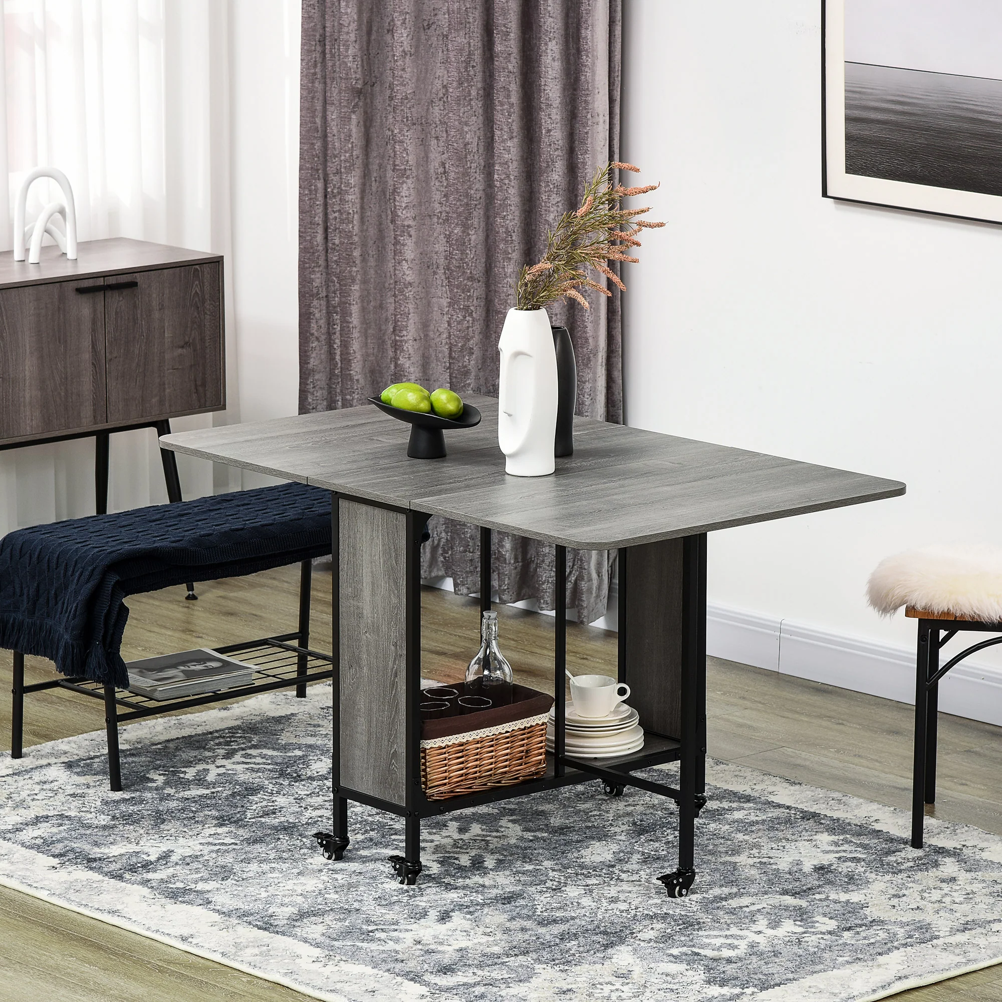 Mobile Drop Leaf Table, Folding Dining Table with 6 Wheels & Storage Shelf, Grey - Image 4