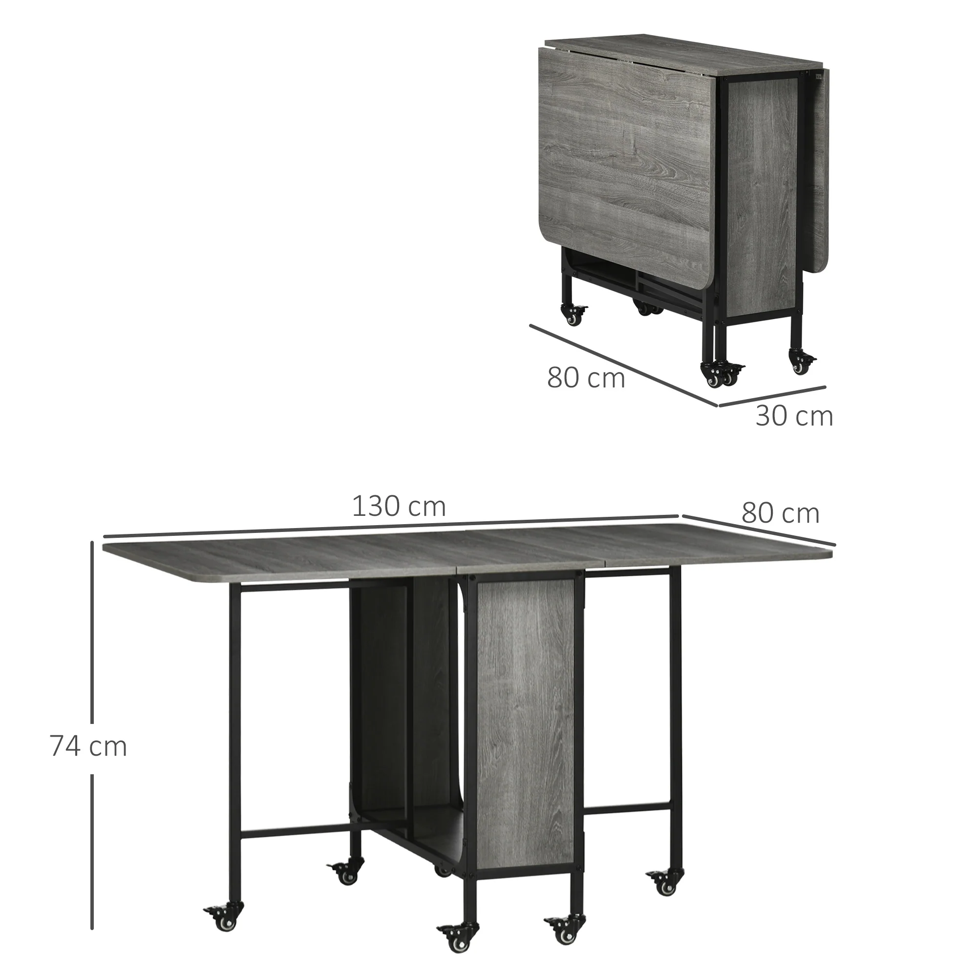 Mobile Drop Leaf Table, Folding Dining Table with 6 Wheels & Storage Shelf, Grey - Image 5