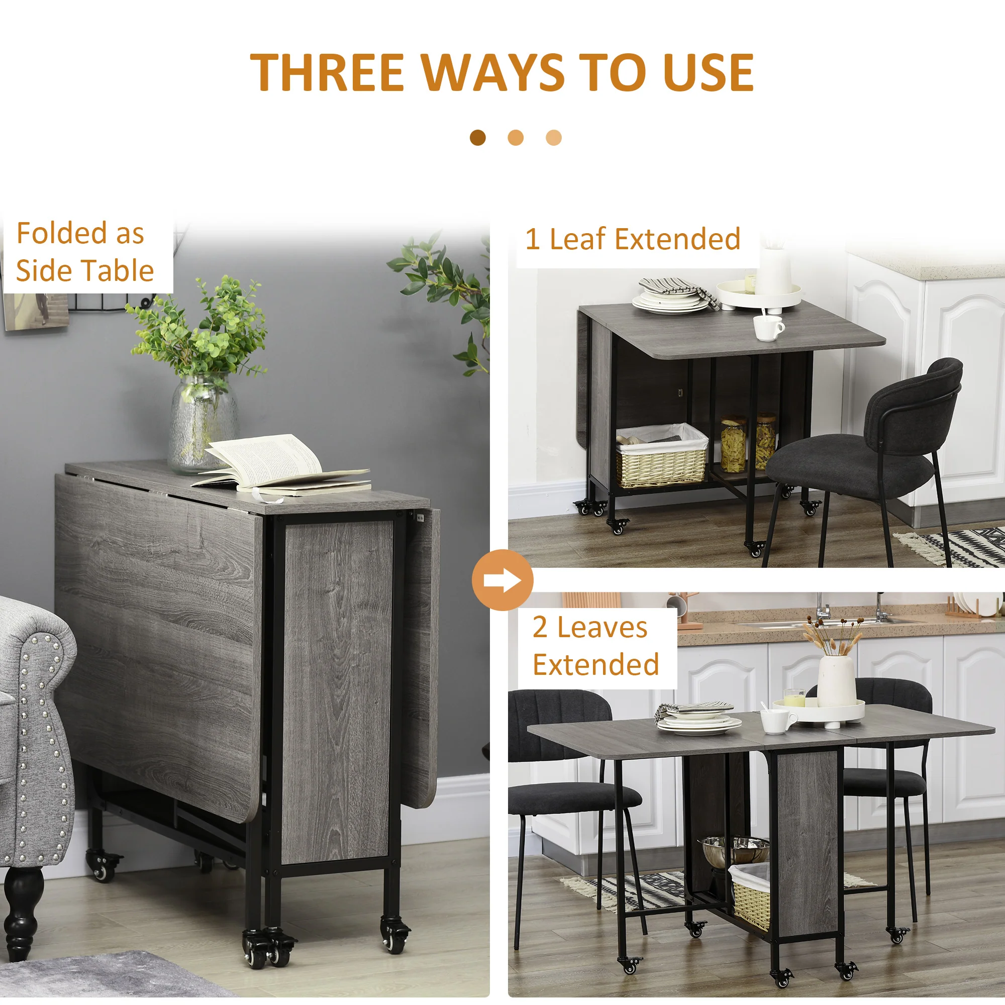 Mobile Drop Leaf Table, Folding Dining Table with 6 Wheels & Storage Shelf, Grey - Image 7