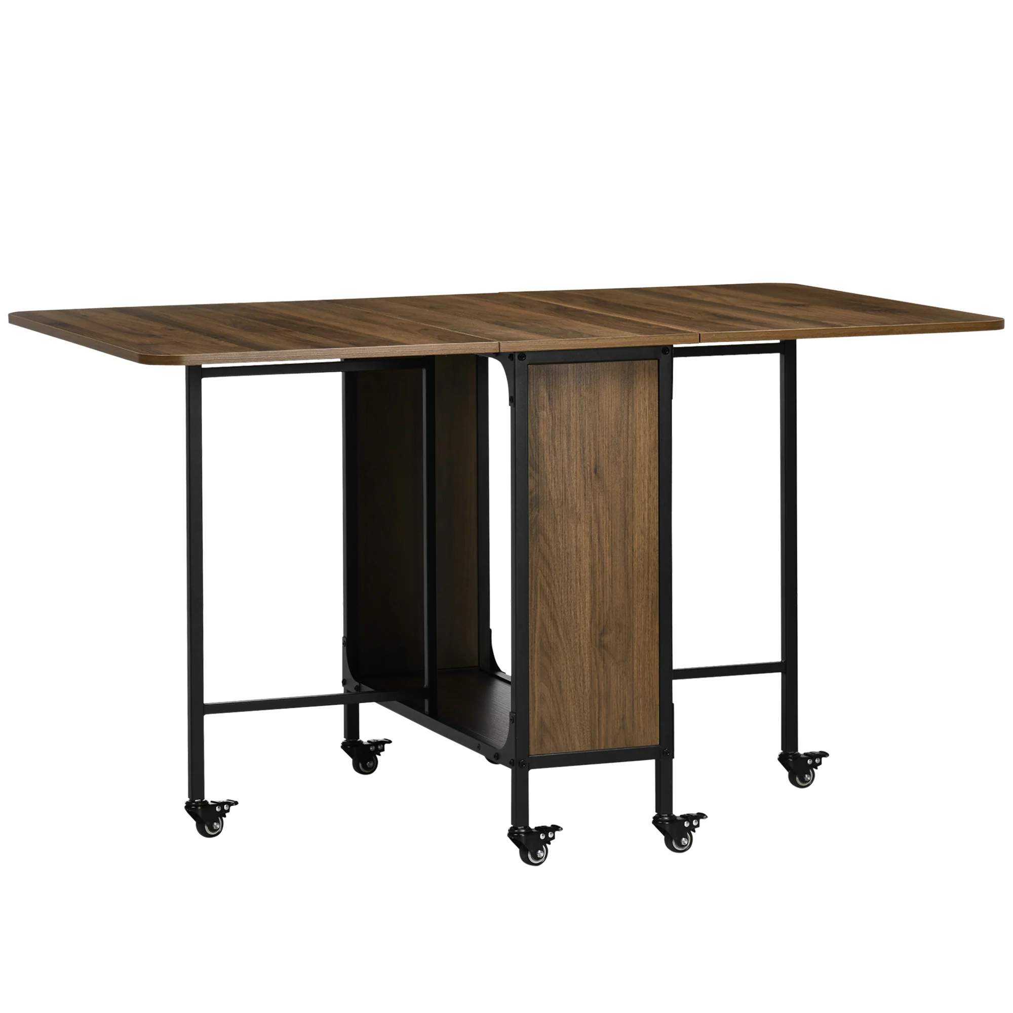 Mobile Drop Leaf Table, Folding Dining Table with 6 Wheels & Storage Shelf, Light Brown - Image 2