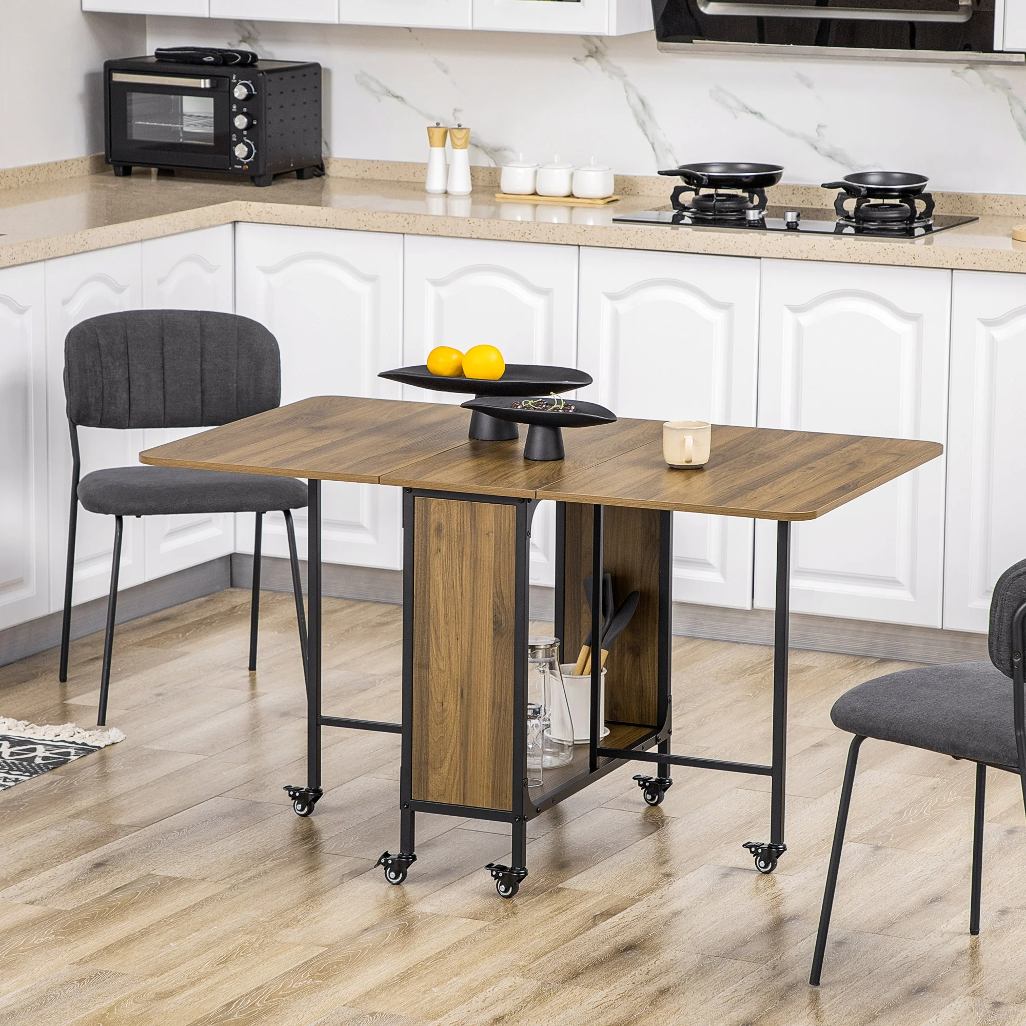 Mobile Drop Leaf Table, Folding Dining Table with 6 Wheels & Storage Shelf, Light Brown - Image 3