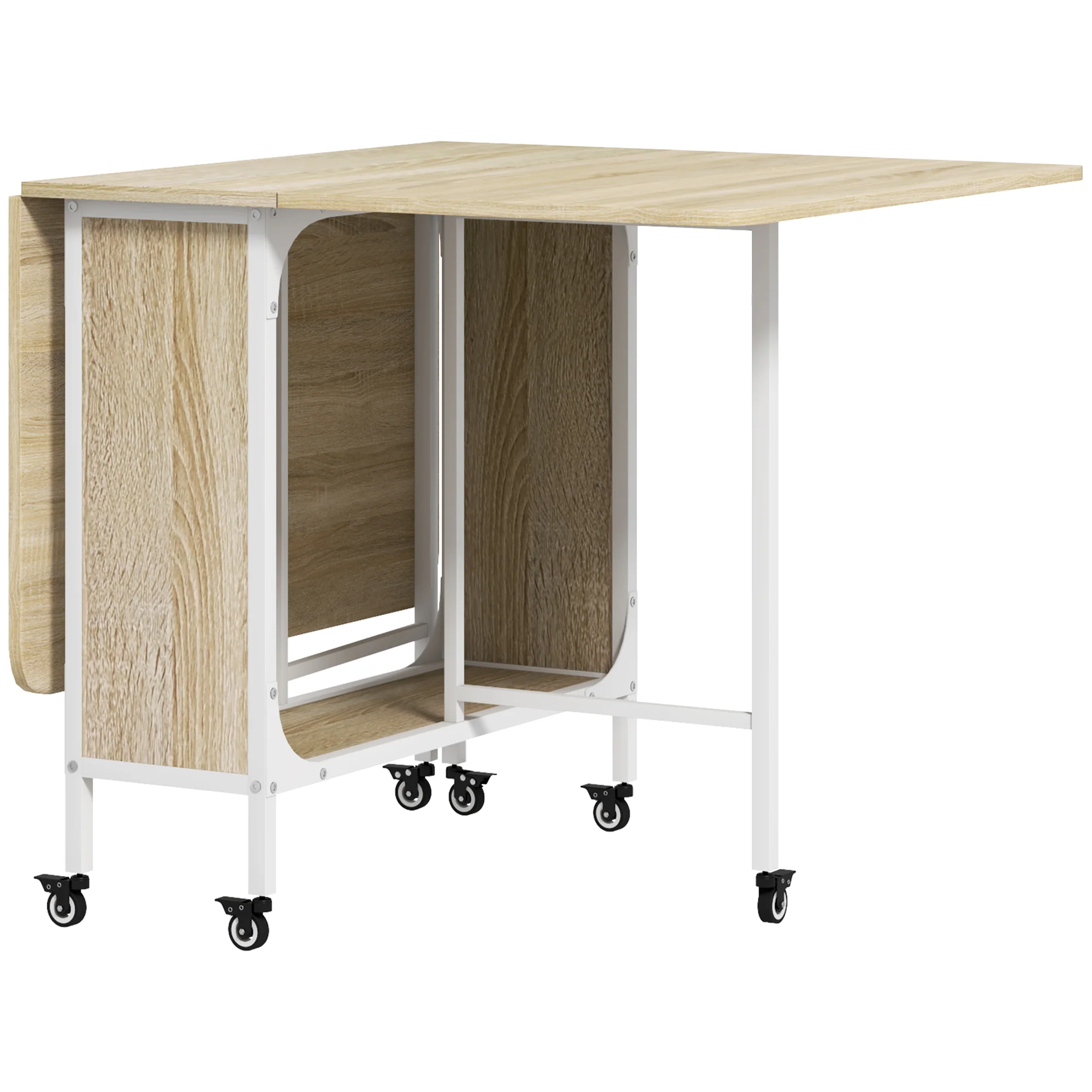 Mobile Drop Leaf Table, Folding Dining Table with 6 Wheels & Storage Shelf, Natural Wood Finish - Image 12