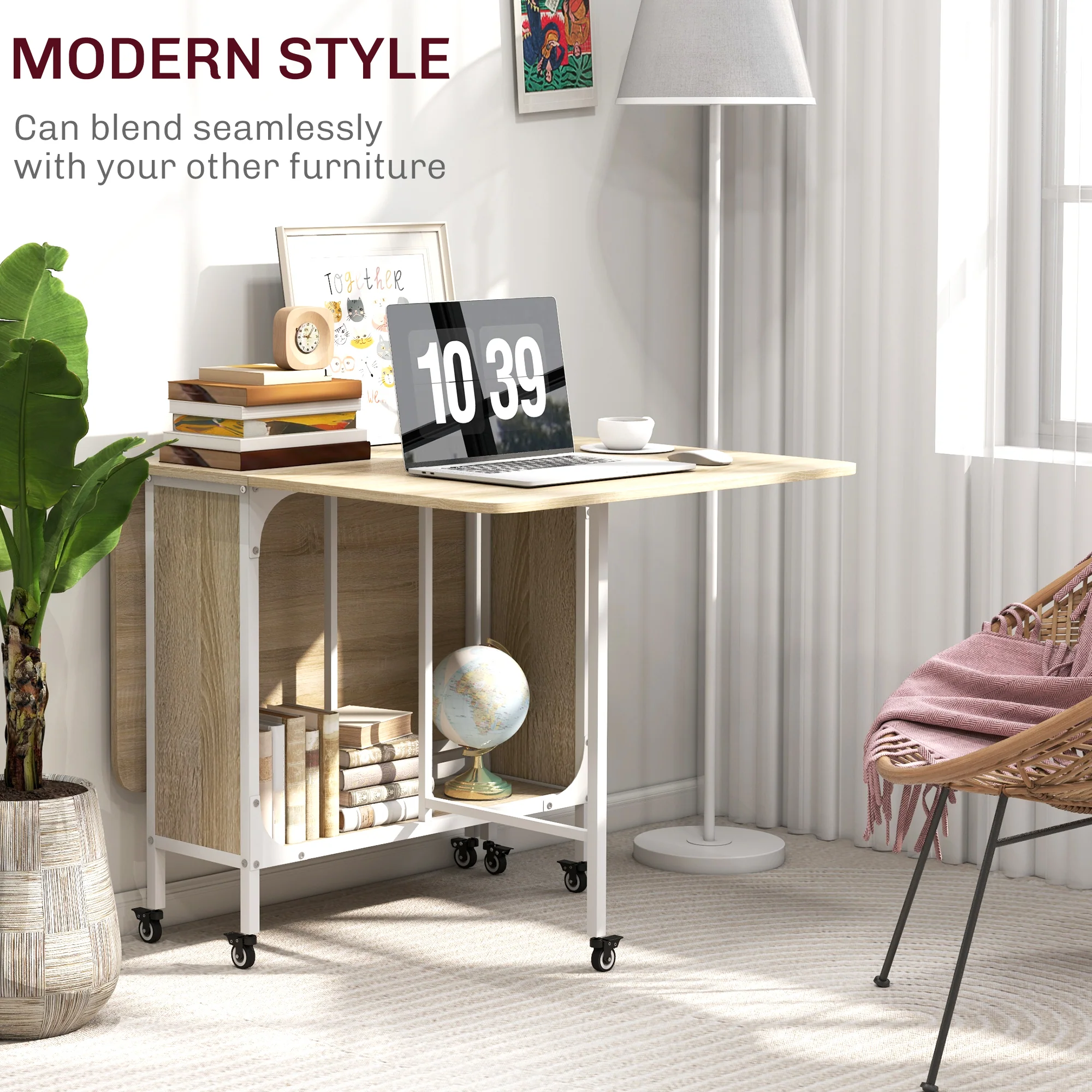 Mobile Drop Leaf Table, Folding Dining Table with 6 Wheels & Storage Shelf, Natural Wood Finish - Image 9