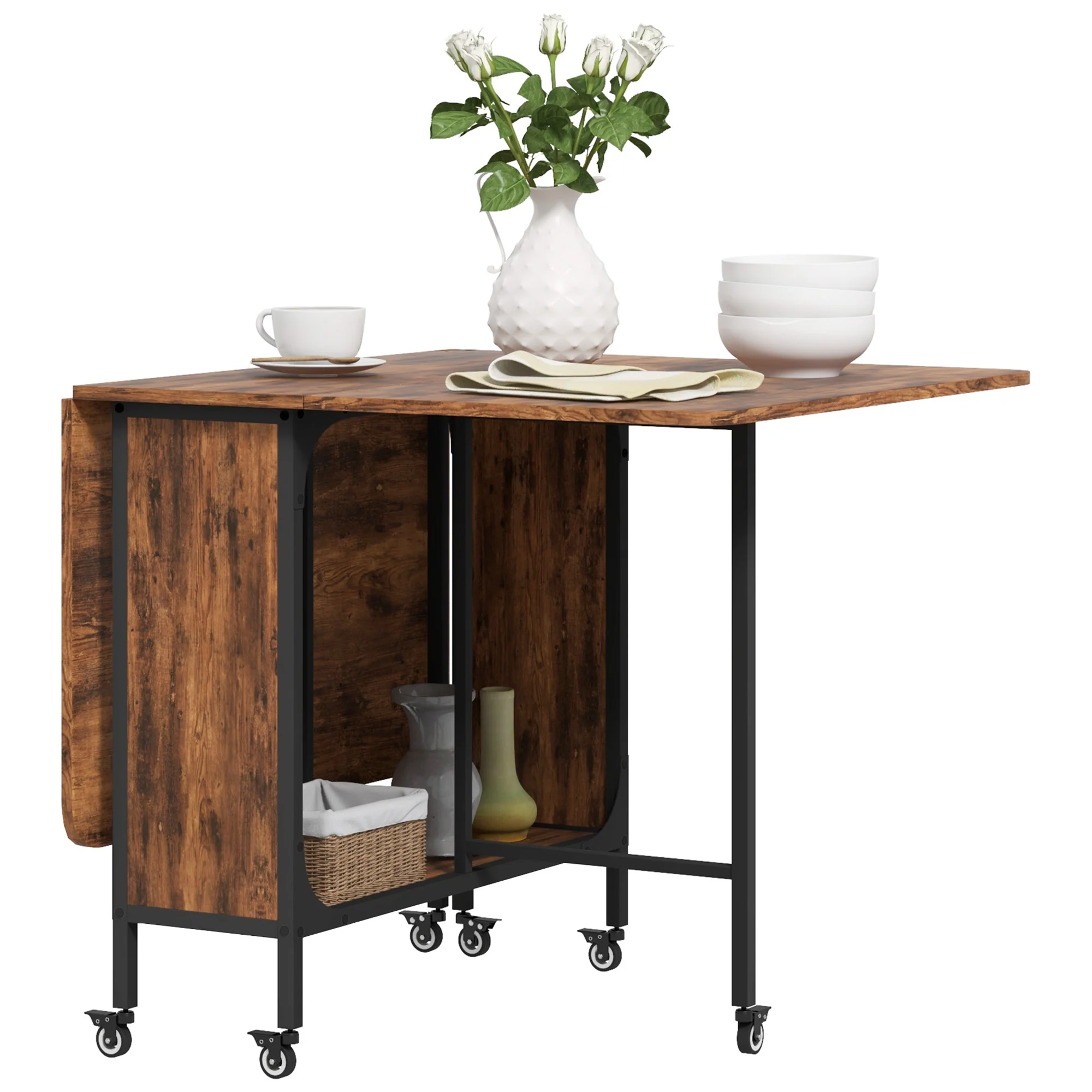 Mobile Drop Leaf Table, Folding Dining Table with 6 Wheels & Storage Shelf, Rustic Brown