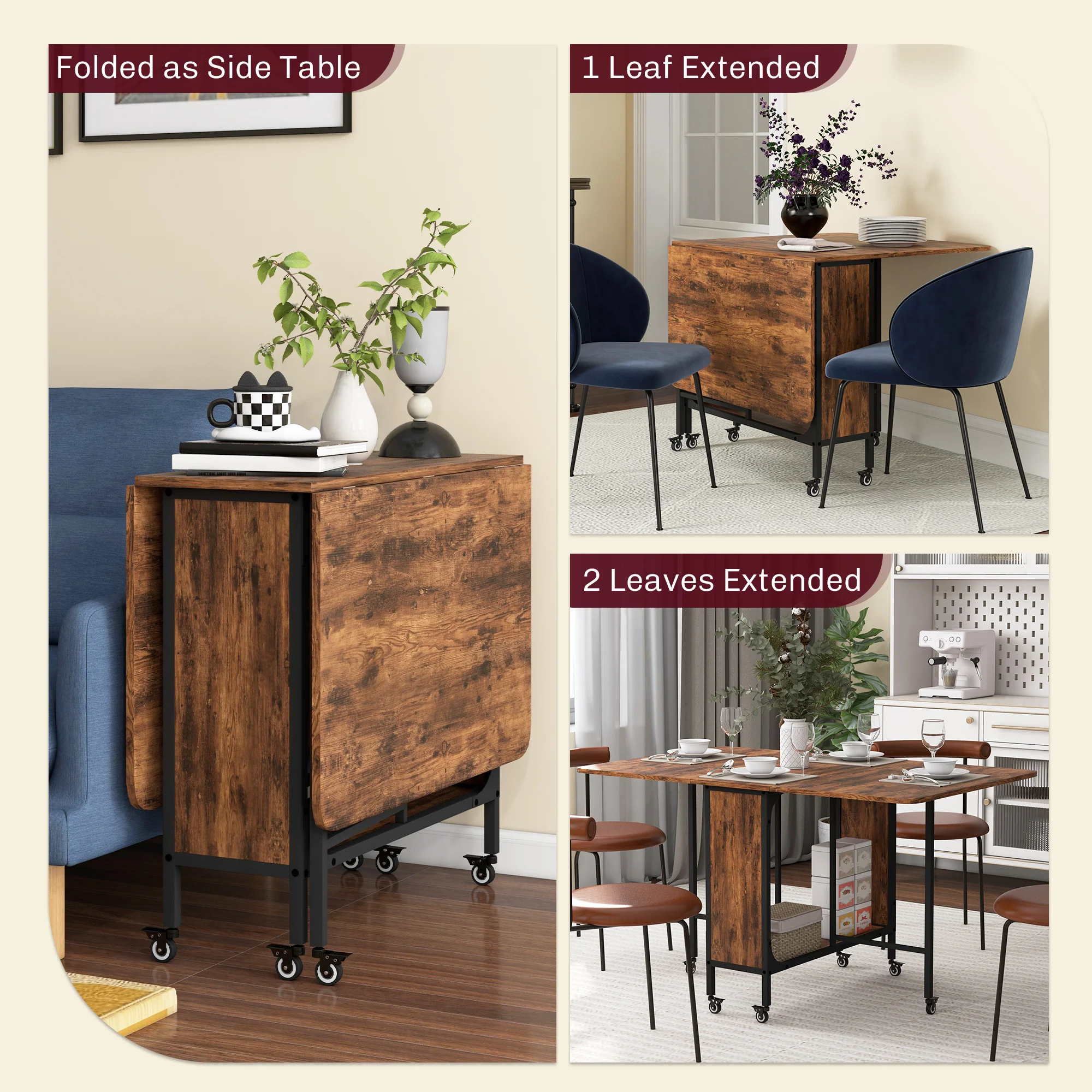 Mobile Drop Leaf Table, Folding Dining Table with 6 Wheels & Storage Shelf, Rustic Brown - Image 6