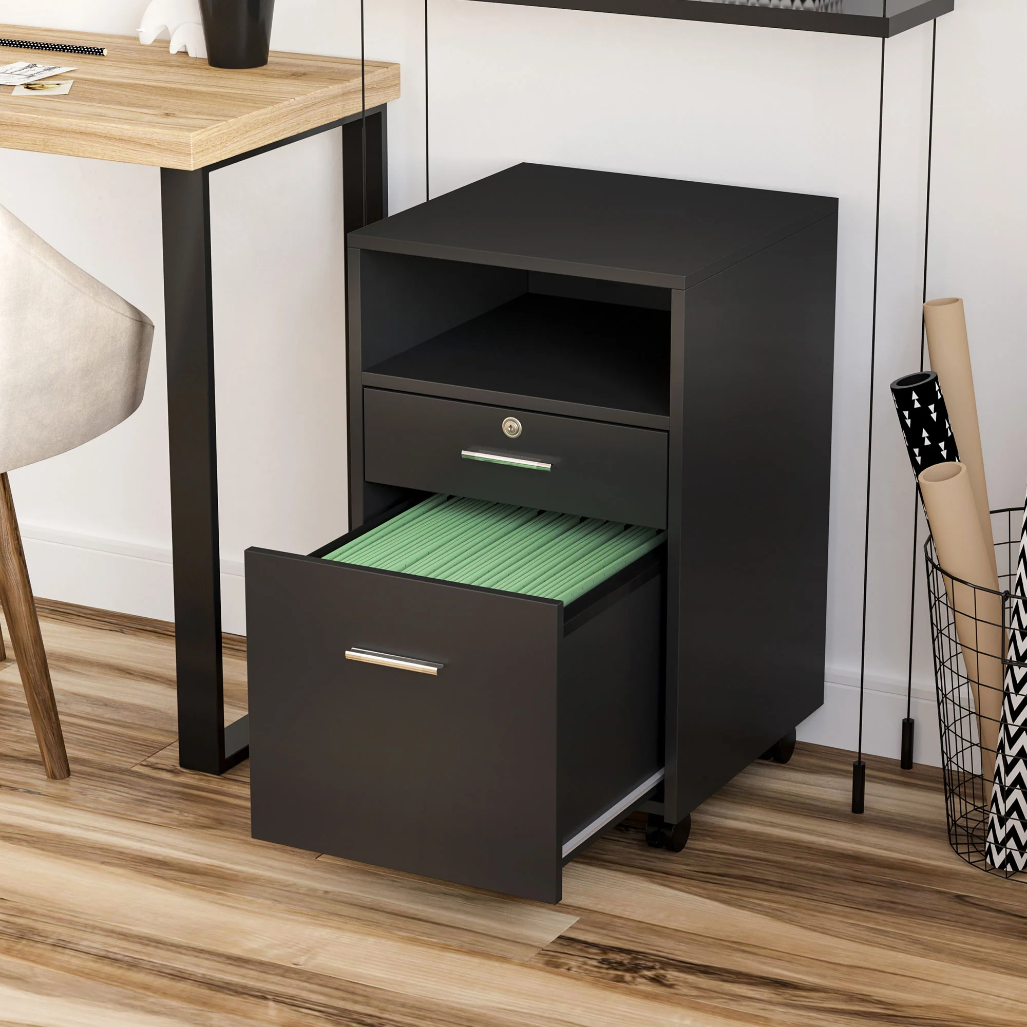 Mobile File Cabinet, Lockable Storage Cupboard for Office, Living Room, Black - Image 4