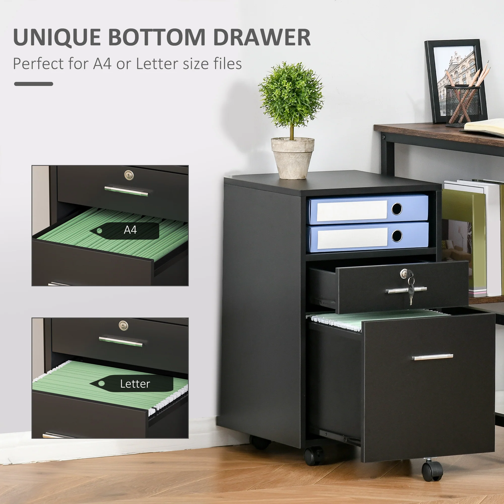 Mobile File Cabinet, Lockable Storage Cupboard for Office, Living Room, Black - Image 8