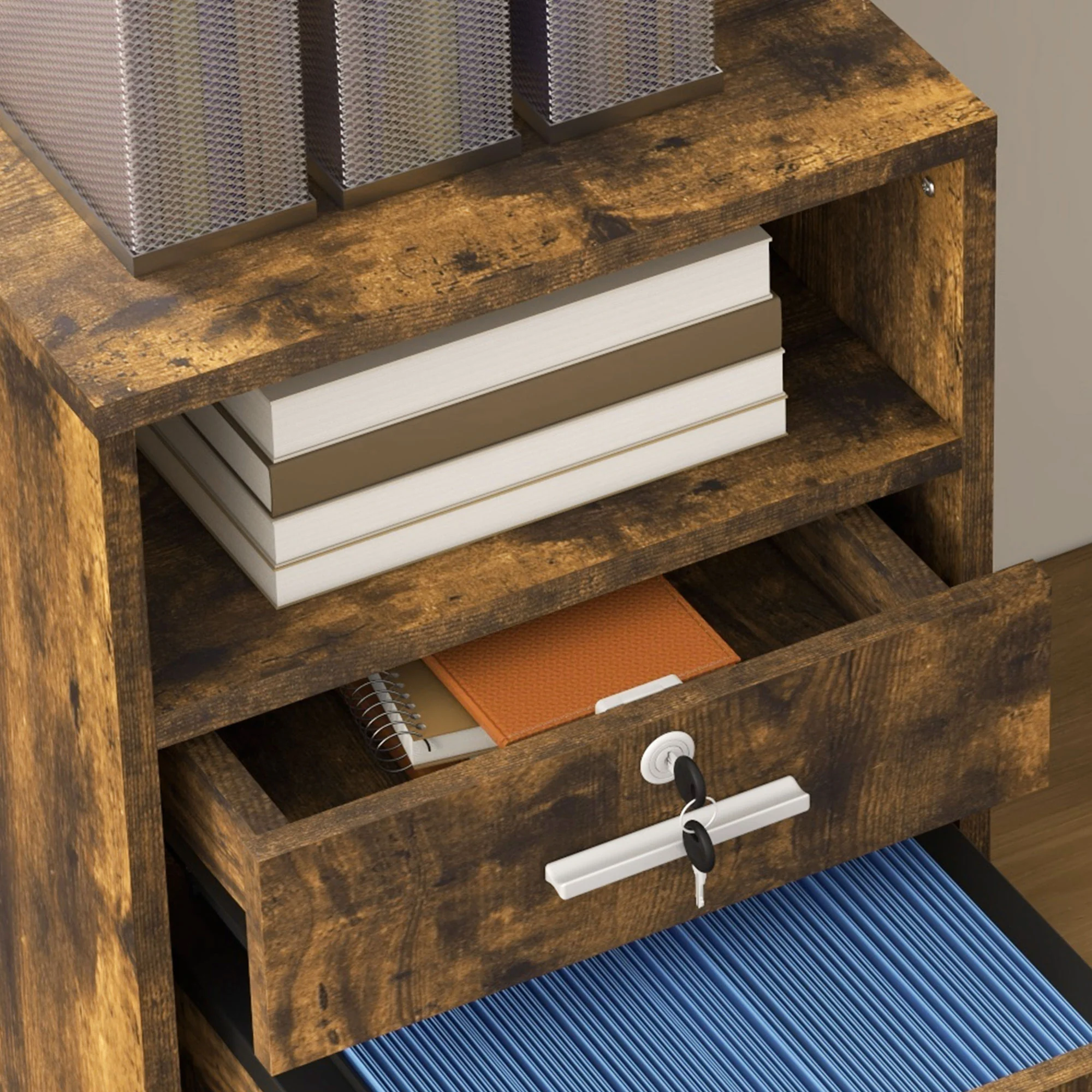 Mobile File Cabinet, Lockable Storage Cupboard for Office, Living Room, Rustic Brown - Image 11
