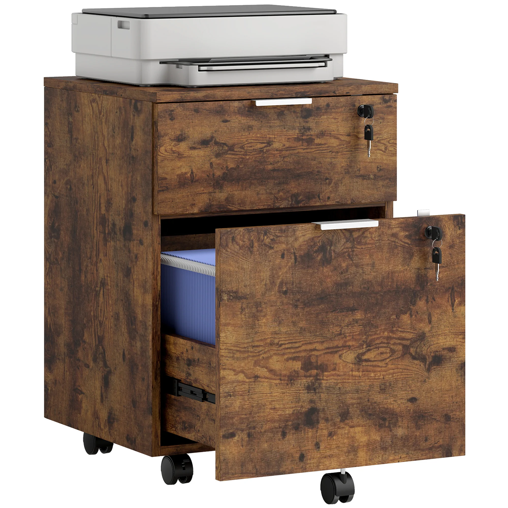 2-Drawer Mobile File Cabinet with Lock, Under-Desk Office Cabinet, Rustic Brown