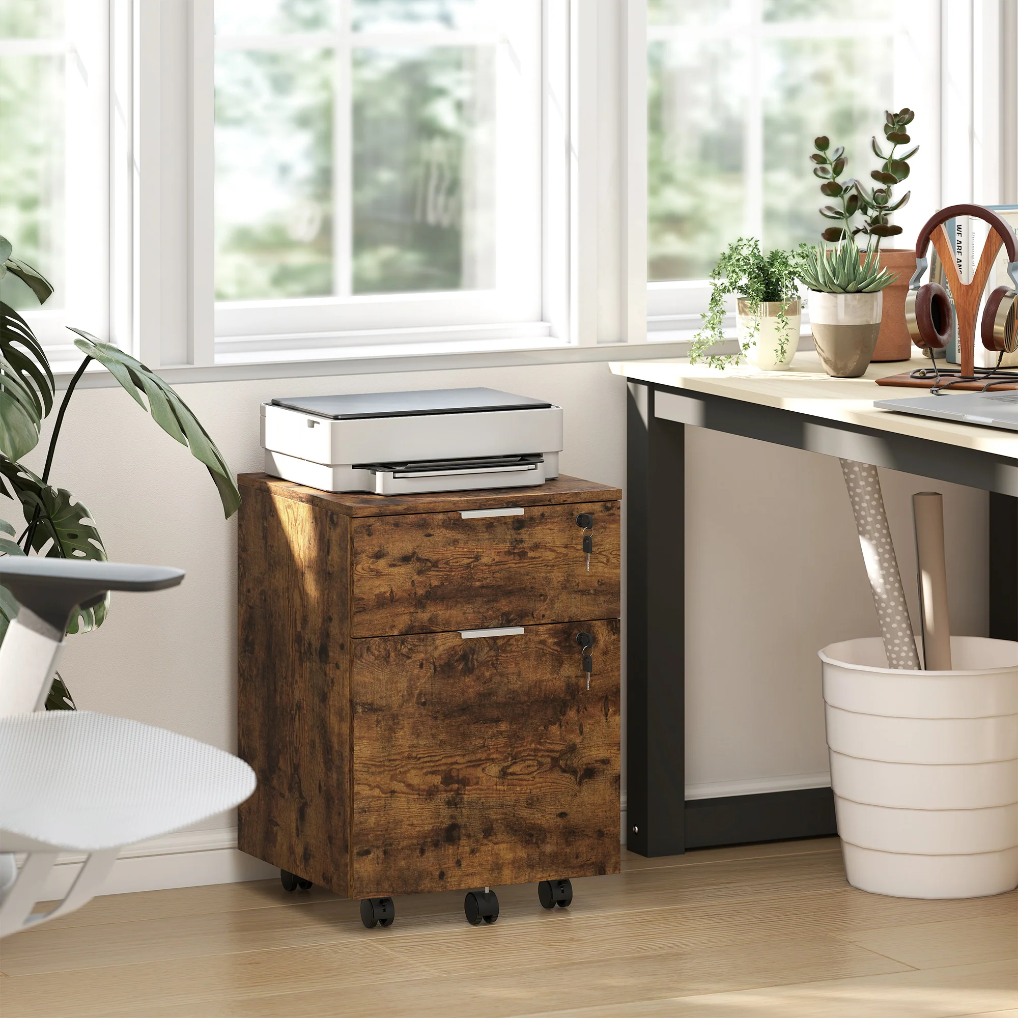 2-Drawer Mobile File Cabinet with Lock, Under-Desk Office Cabinet, Rustic Brown - Image 4
