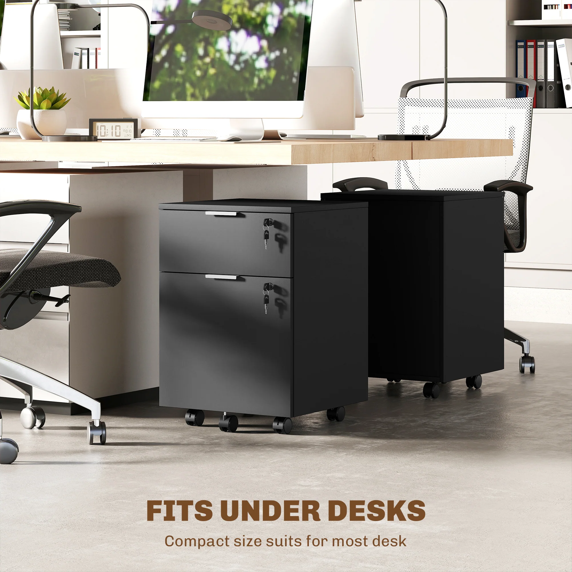 2-Drawer Mobile File Cabinet with Lock, Under-Desk Office Cabinet, Black - Image 10