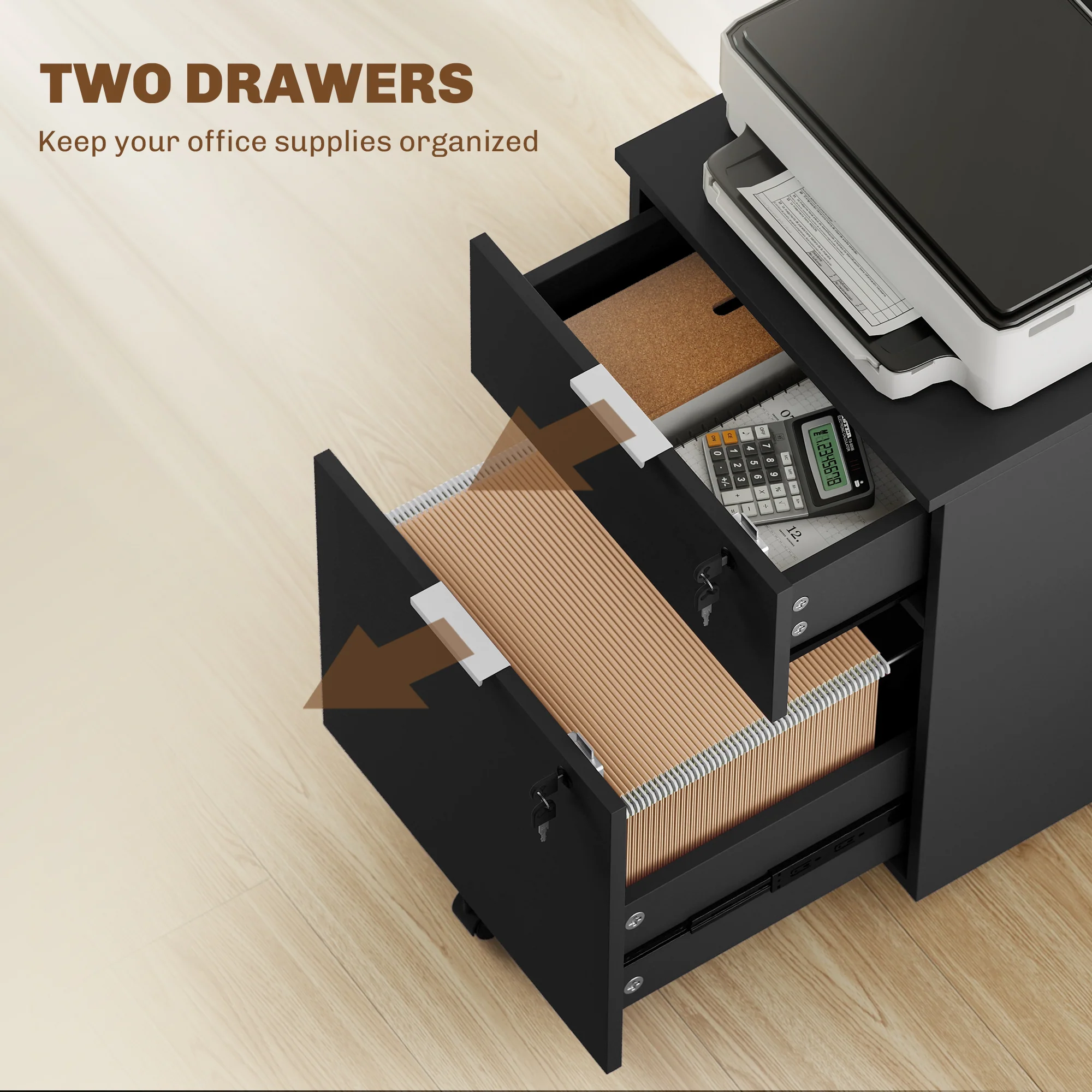2-Drawer Mobile File Cabinet with Lock, Under-Desk Office Cabinet, Black - Image 6
