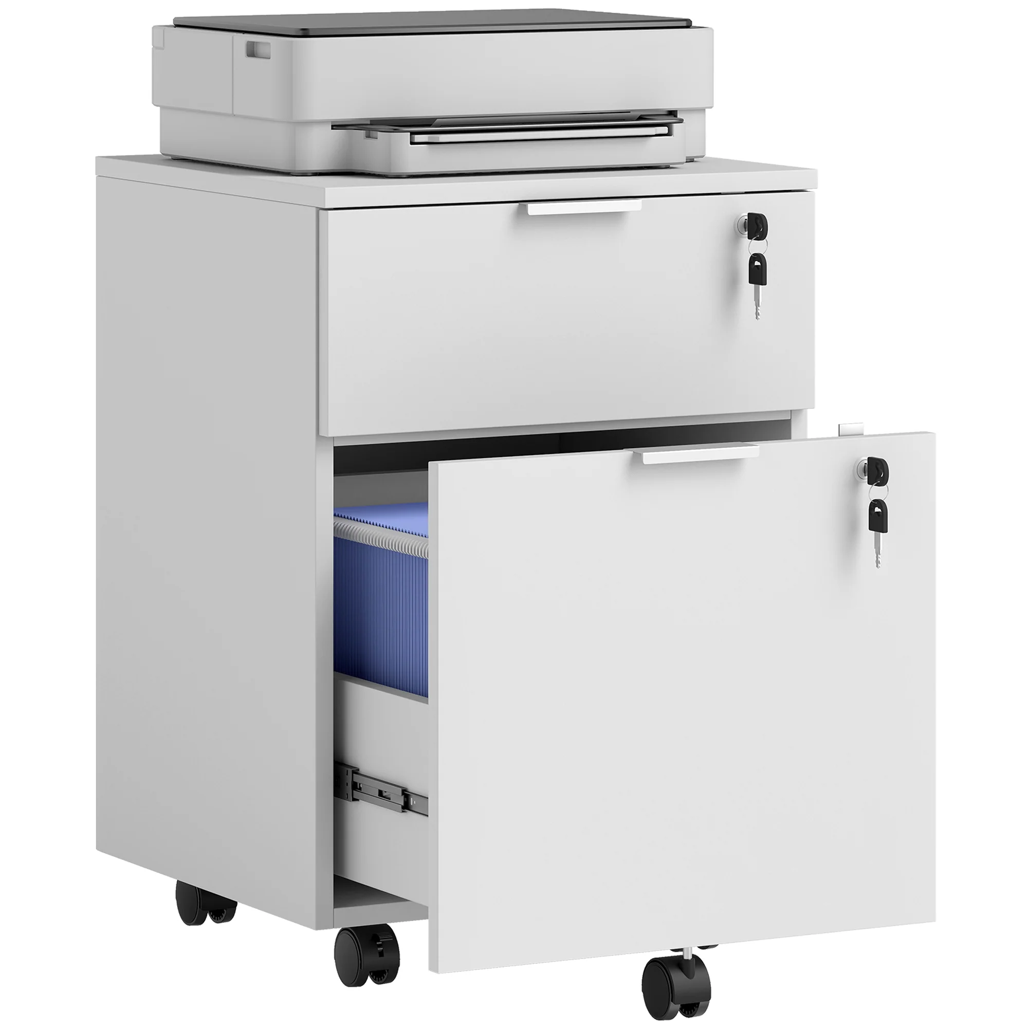 2-Drawer Mobile File Cabinet with Lock, Under-Desk Office Cabinet, White