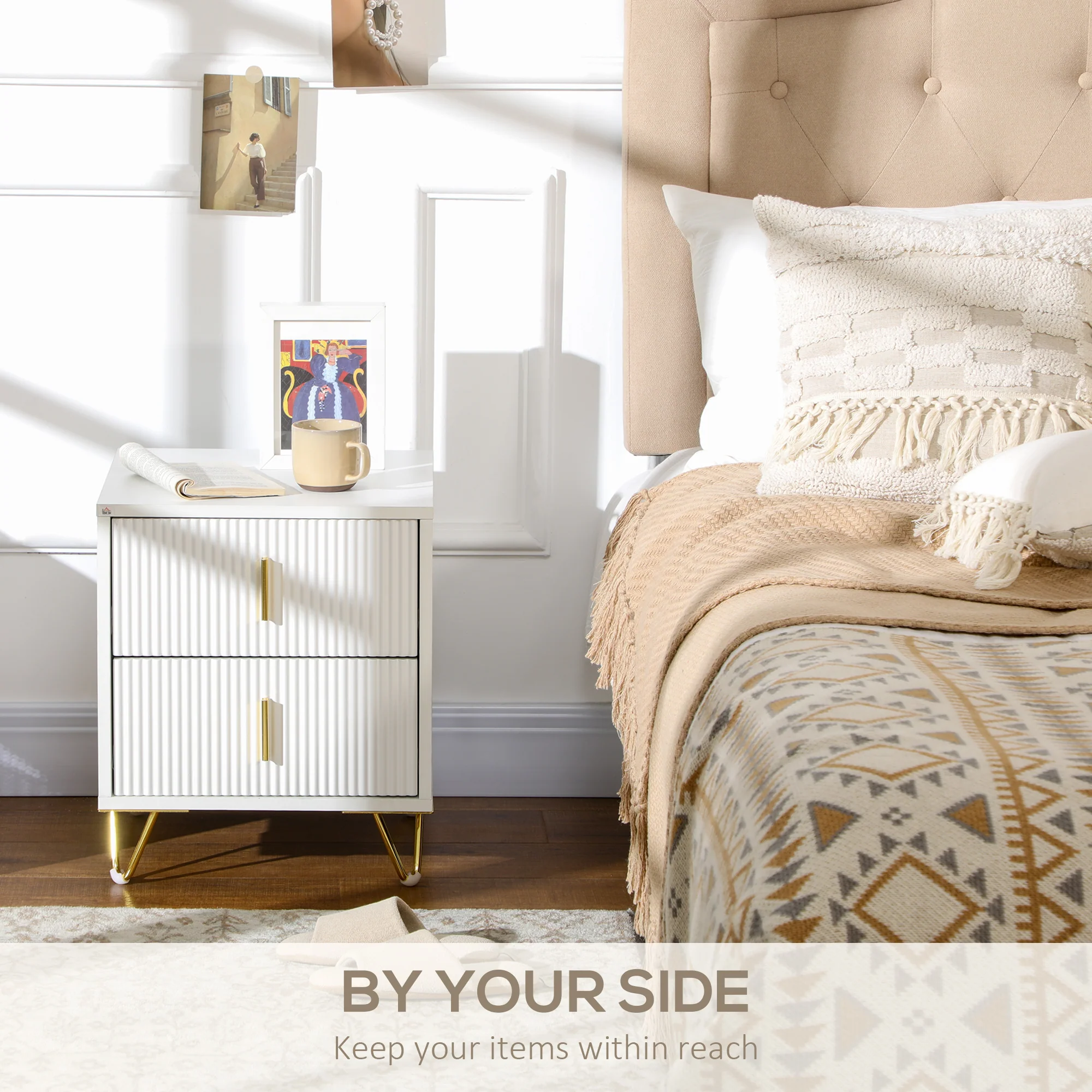 Modern 2-Drawer Dresser, Fluted Drawer Cabinet with Anti-slip Metal Legs for Bedroom, White - Image 6