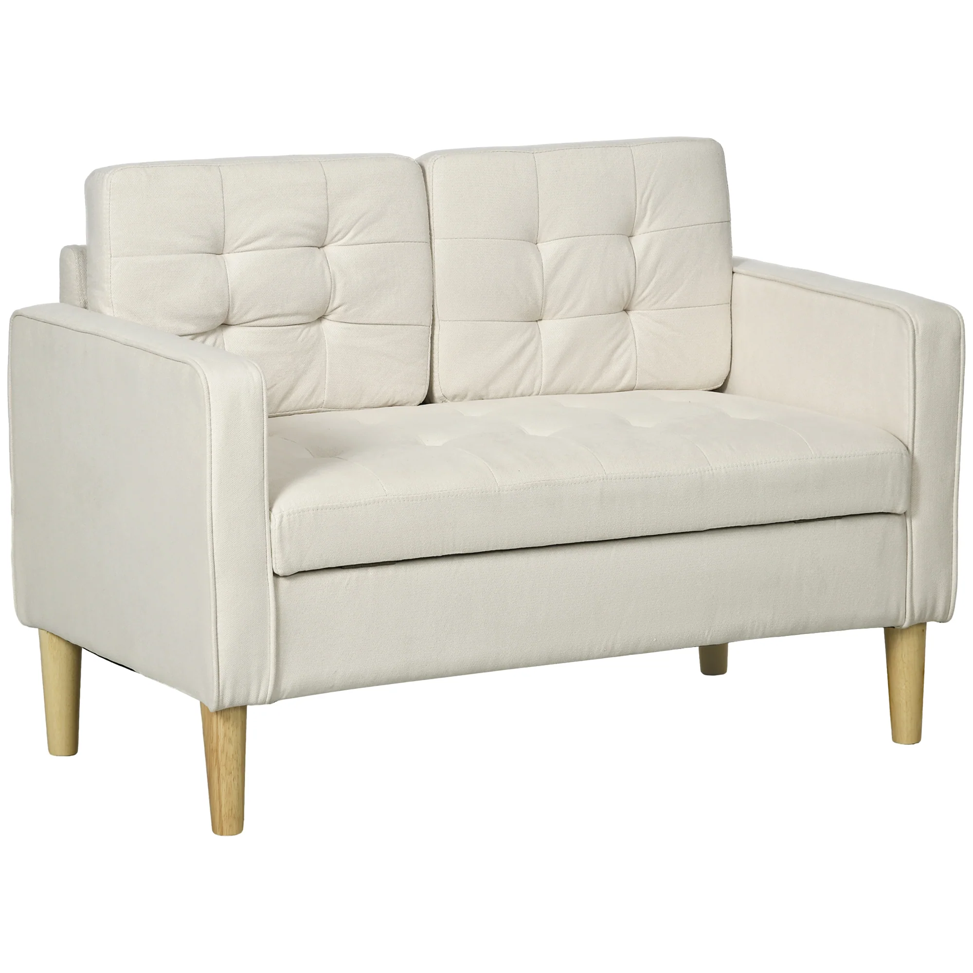 Modern 2 Seater Sofa with Hidden Storage, Tufted Compact Loveseat, Cream White