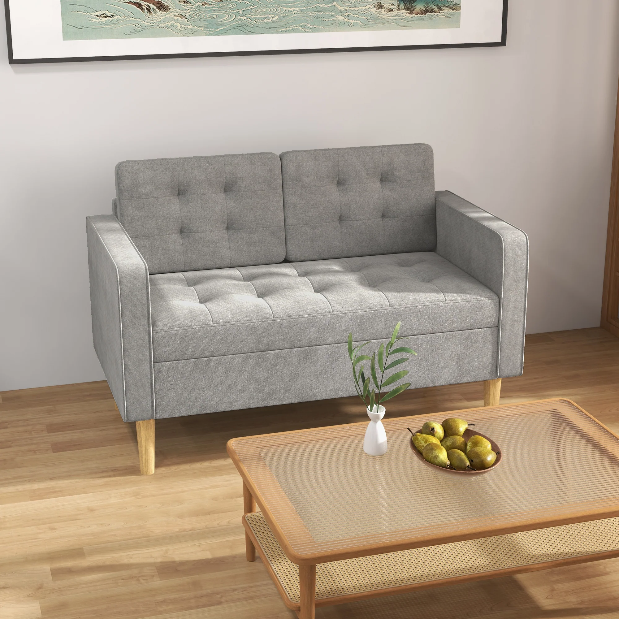 Modern 2 Seater Sofa with Hidden Storage, Tufted Compact Loveseat, Light Grey - Image 4