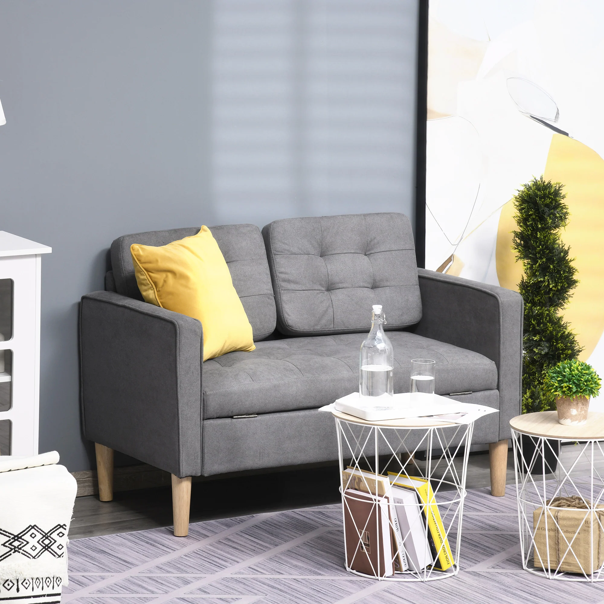 Modern 2 Seater Sofa with Hidden Storage, Tufted Compact Loveseat, Grey - Image 3