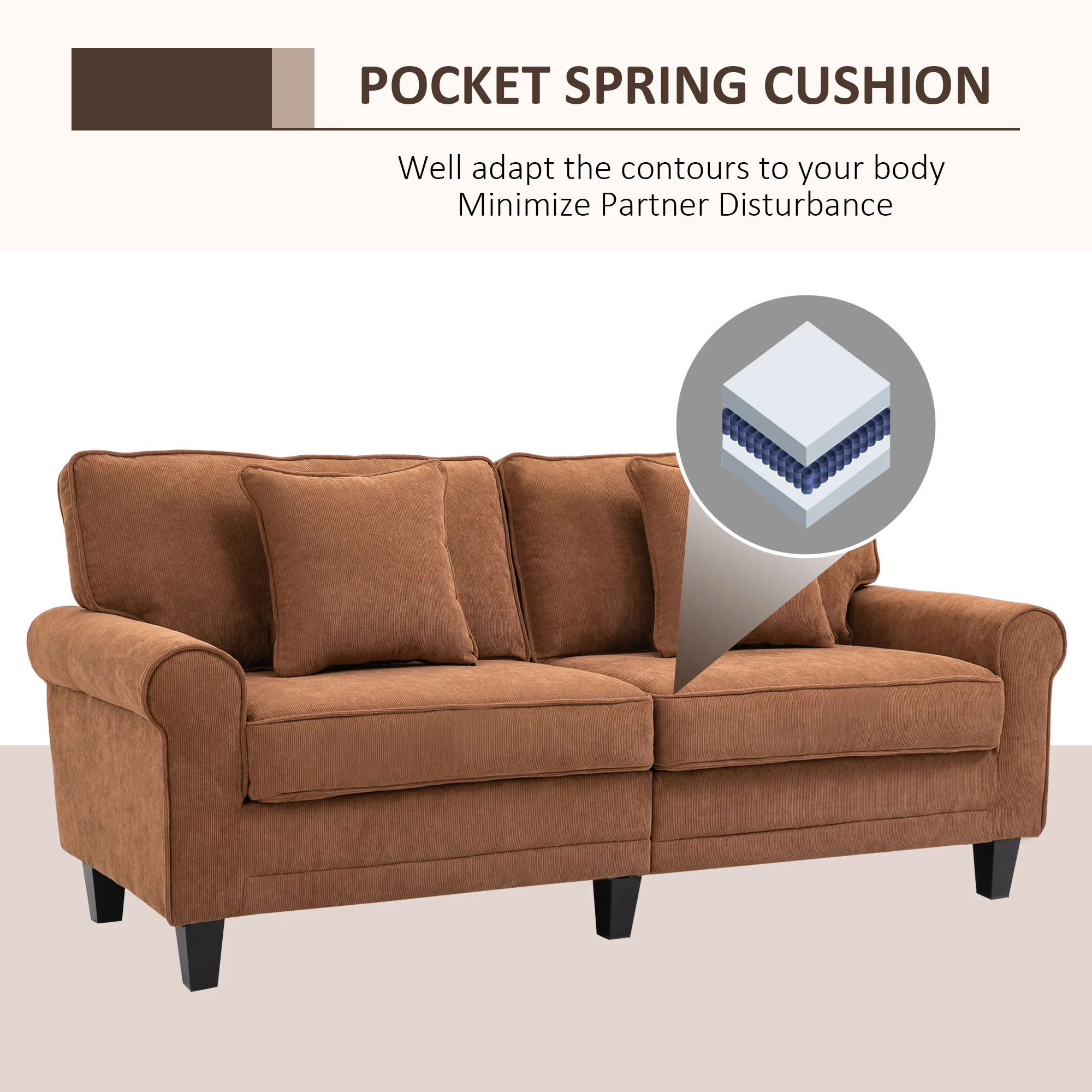 3-Seater Corduroy Sofa with Pine Wood Legs & Pillows, Brown - Image 8