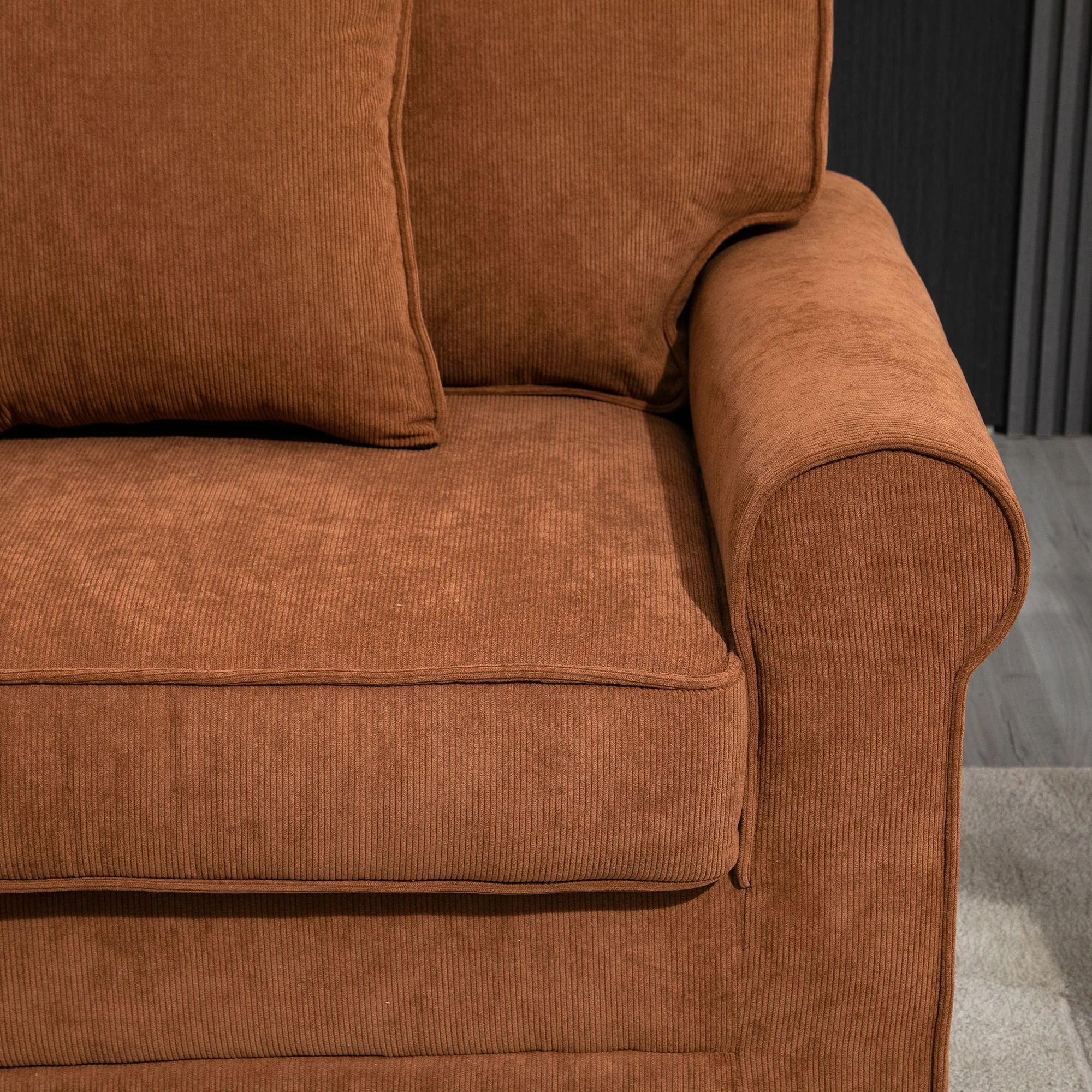 3-Seater Corduroy Sofa with Pine Wood Legs & Pillows, Brown - Image 9
