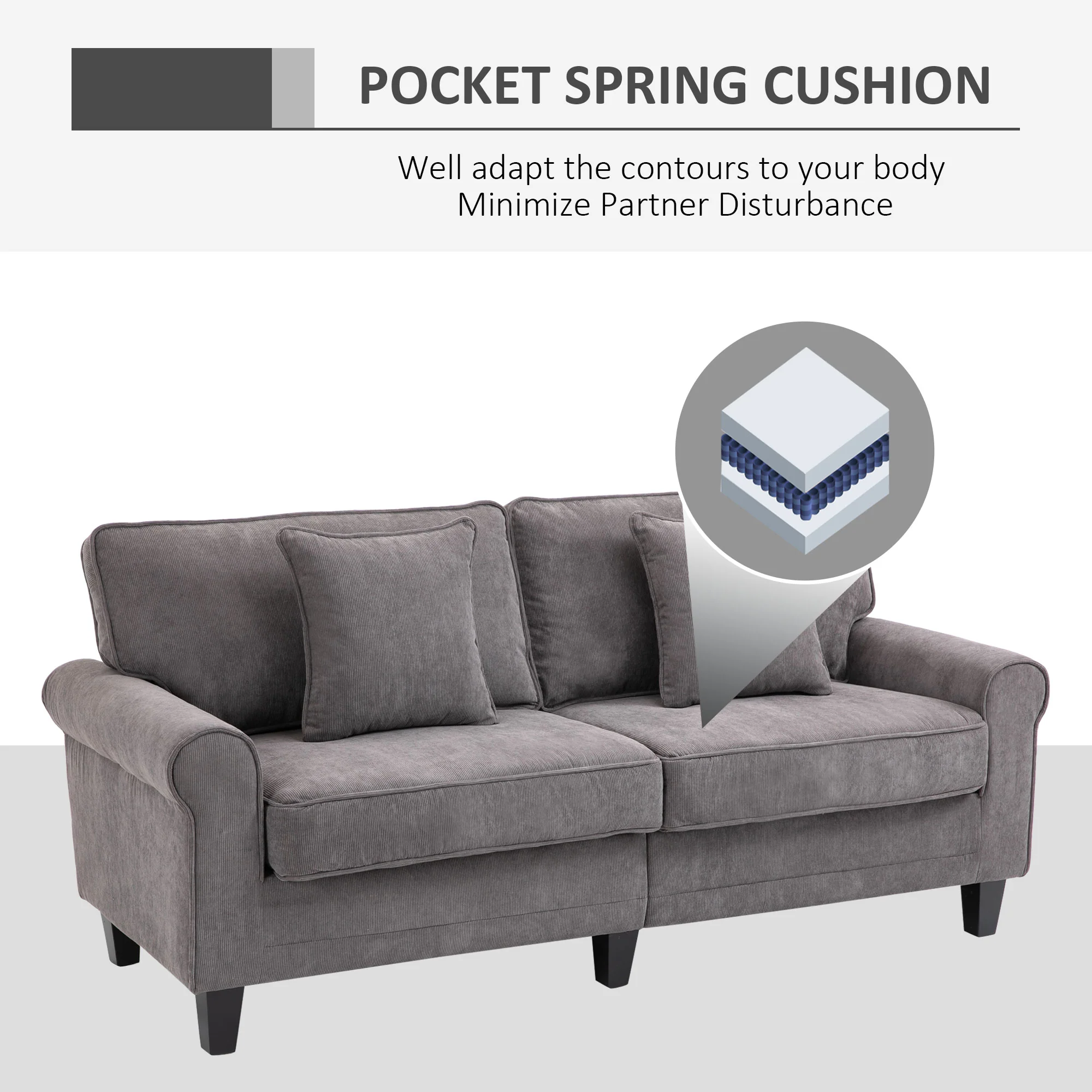 3-Seater Corduroy Sofa with Pine Wood Legs & Pillows, Light Grey - Image 8