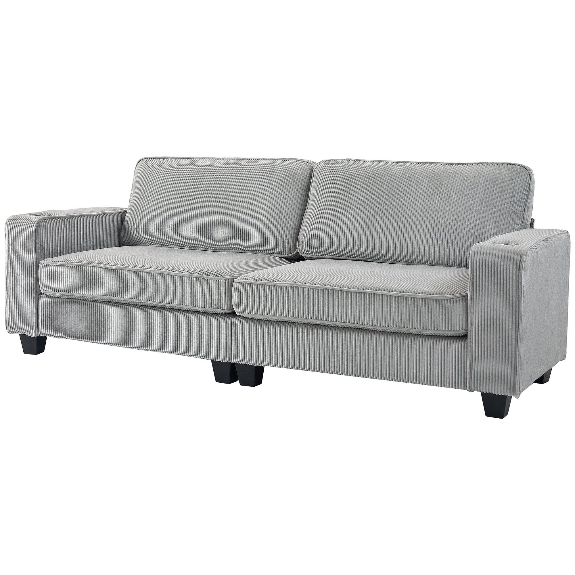 Modern 3-Seater 90" Corduroy Sofa with Spring Cushion & Cup Holders Light Grey - Image 2