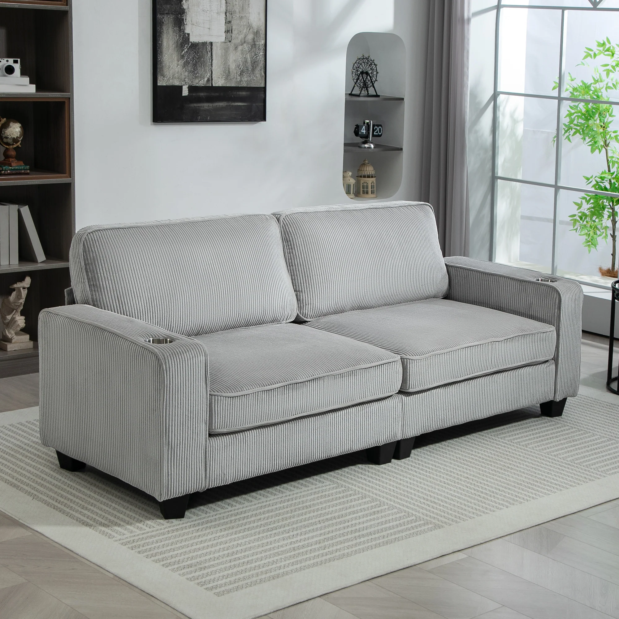 Modern 3-Seater 90" Corduroy Sofa with Spring Cushion & Cup Holders Light Grey - Image 4
