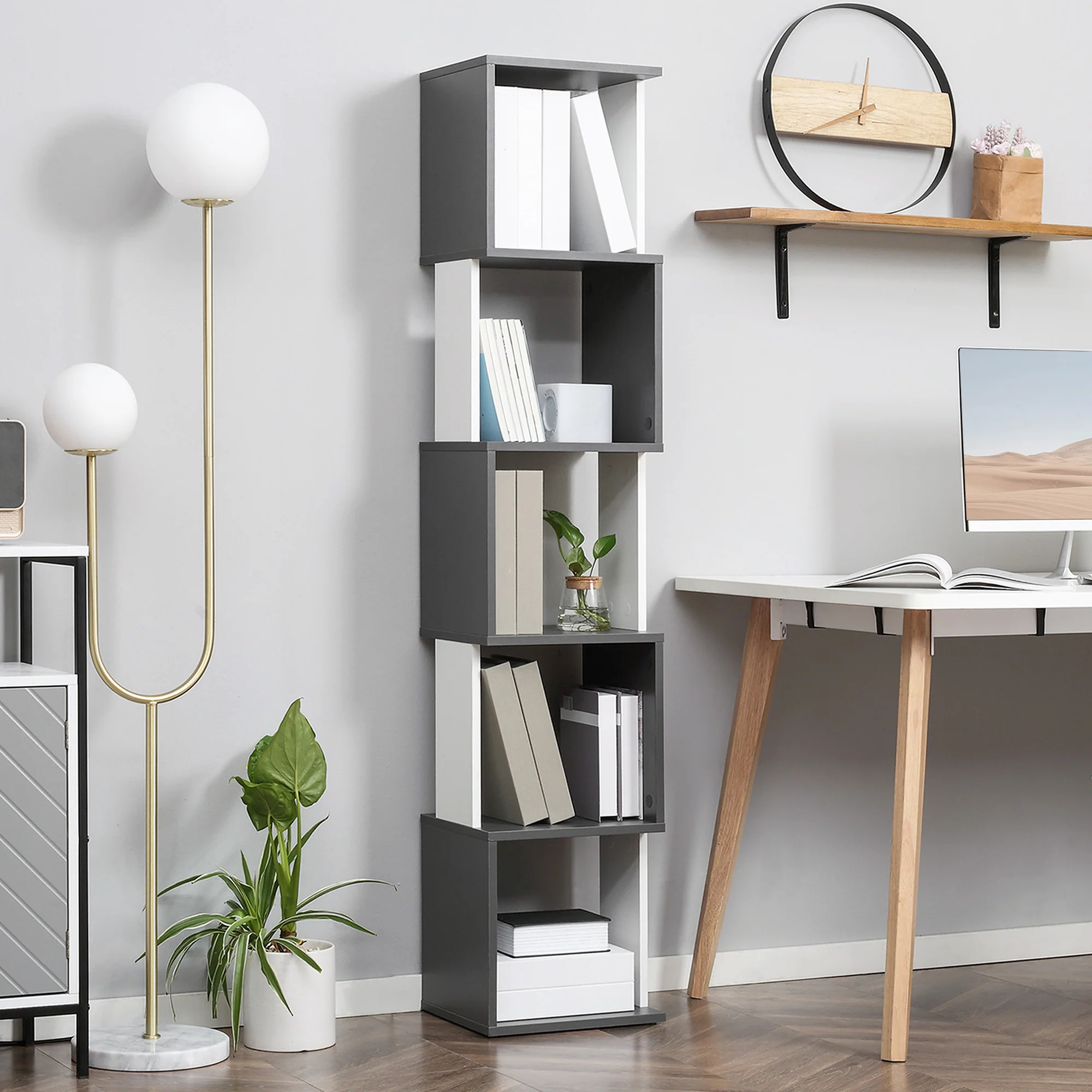 5-Tier Modern Bookshelf, Freestanding Bookcase Storage Shelving, White and Dark Grey - Image 3