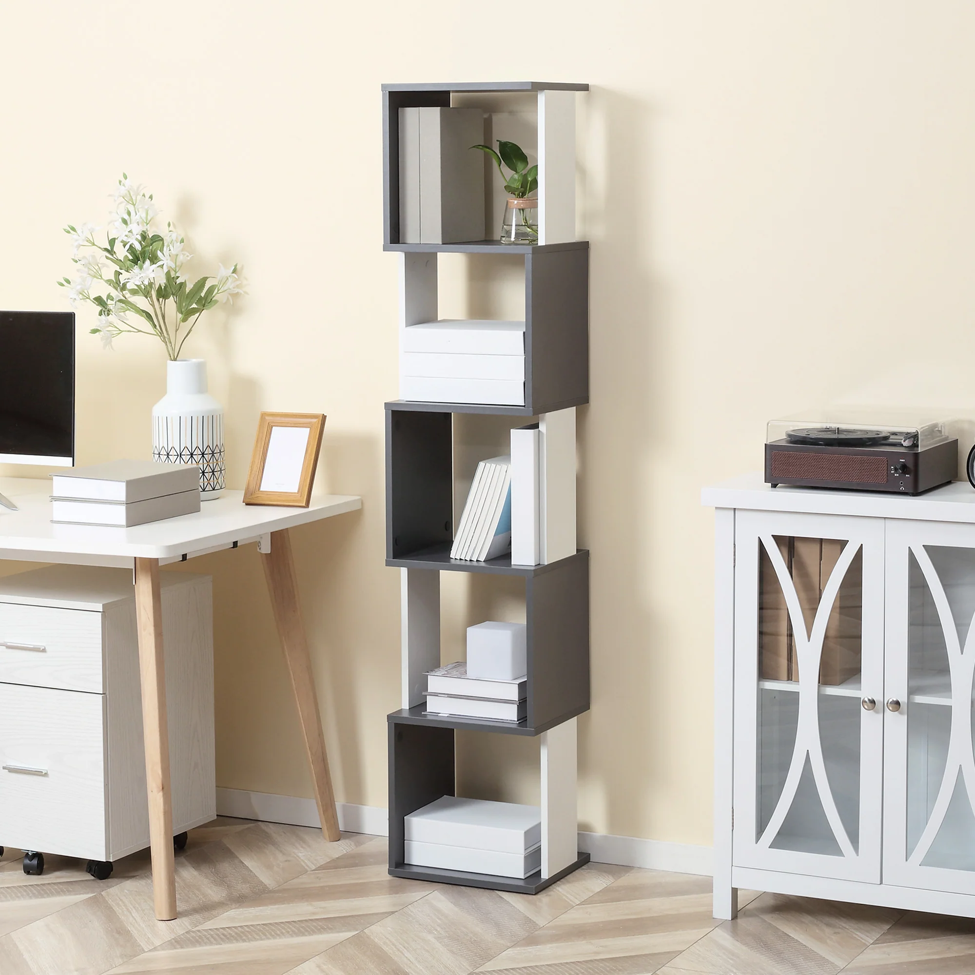 5-Tier Modern Bookshelf, Freestanding Bookcase Storage Shelving, White and Dark Grey - Image 4
