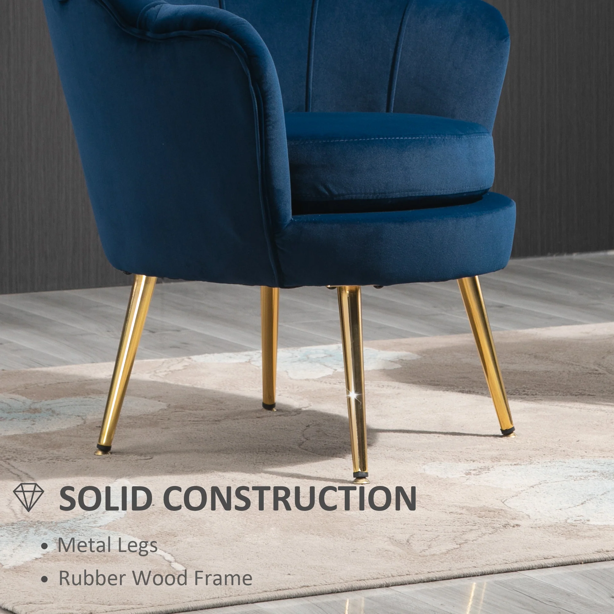 Modern Velvet Accent Chair with Gold Metal Legs & Soft Cushion, Blue - Image 8