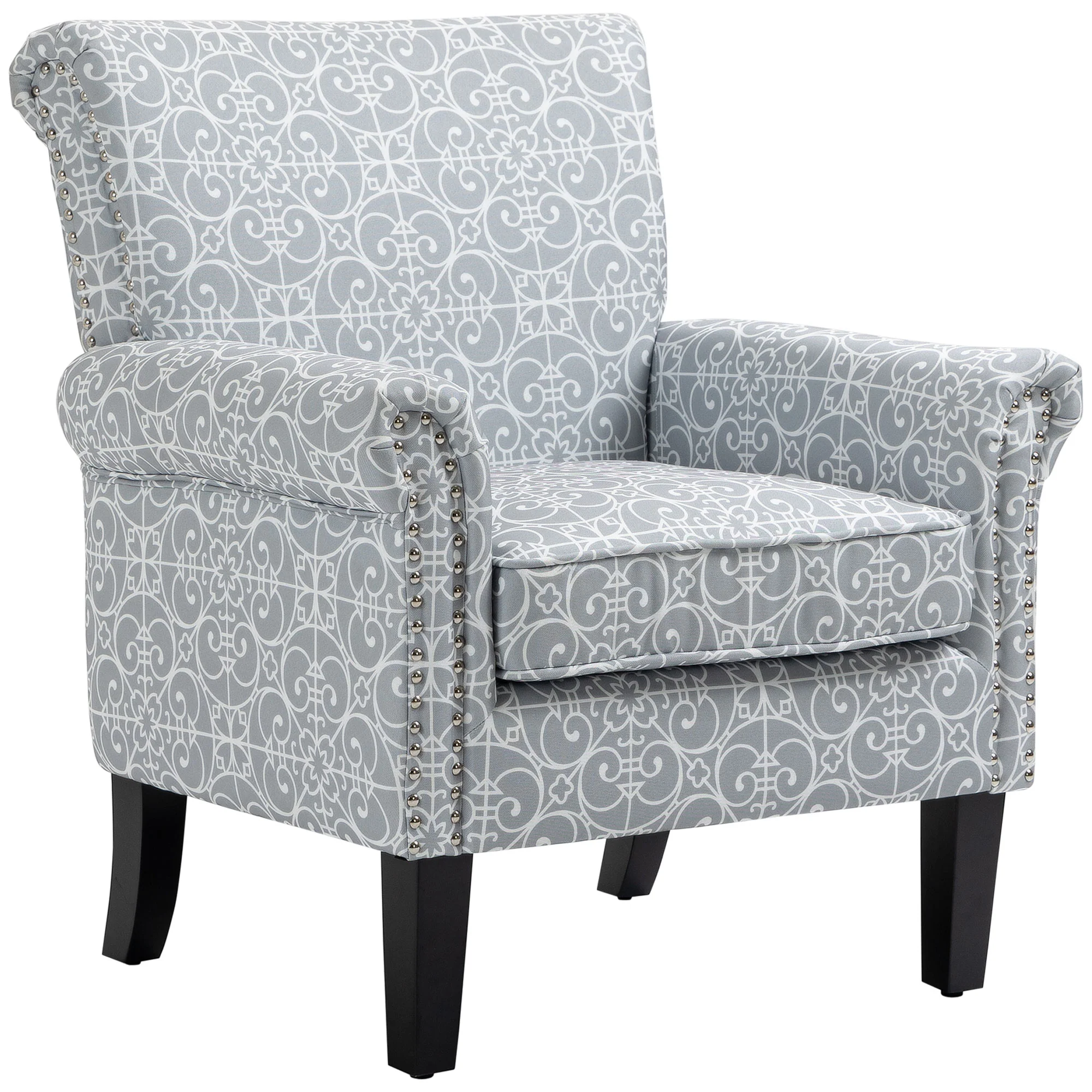 Linen Wingback Chair with Rolled Arms & Nailhead Trim, Grey - Image 2