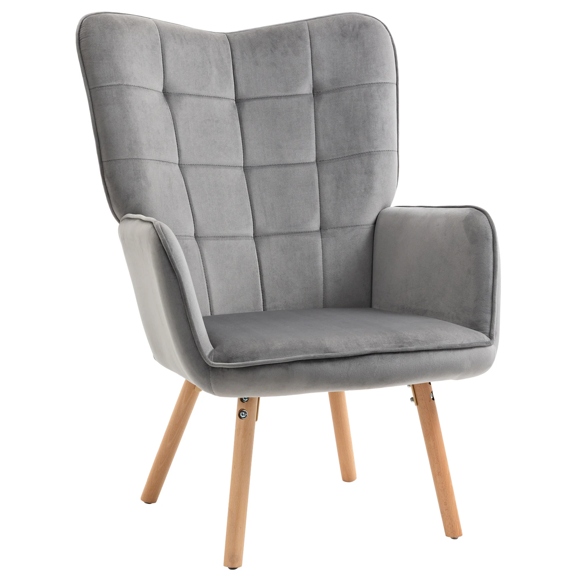 Modern Accent Chair, Velvet Wingback Armchair with Seat Padding, Wood Legs, Grey