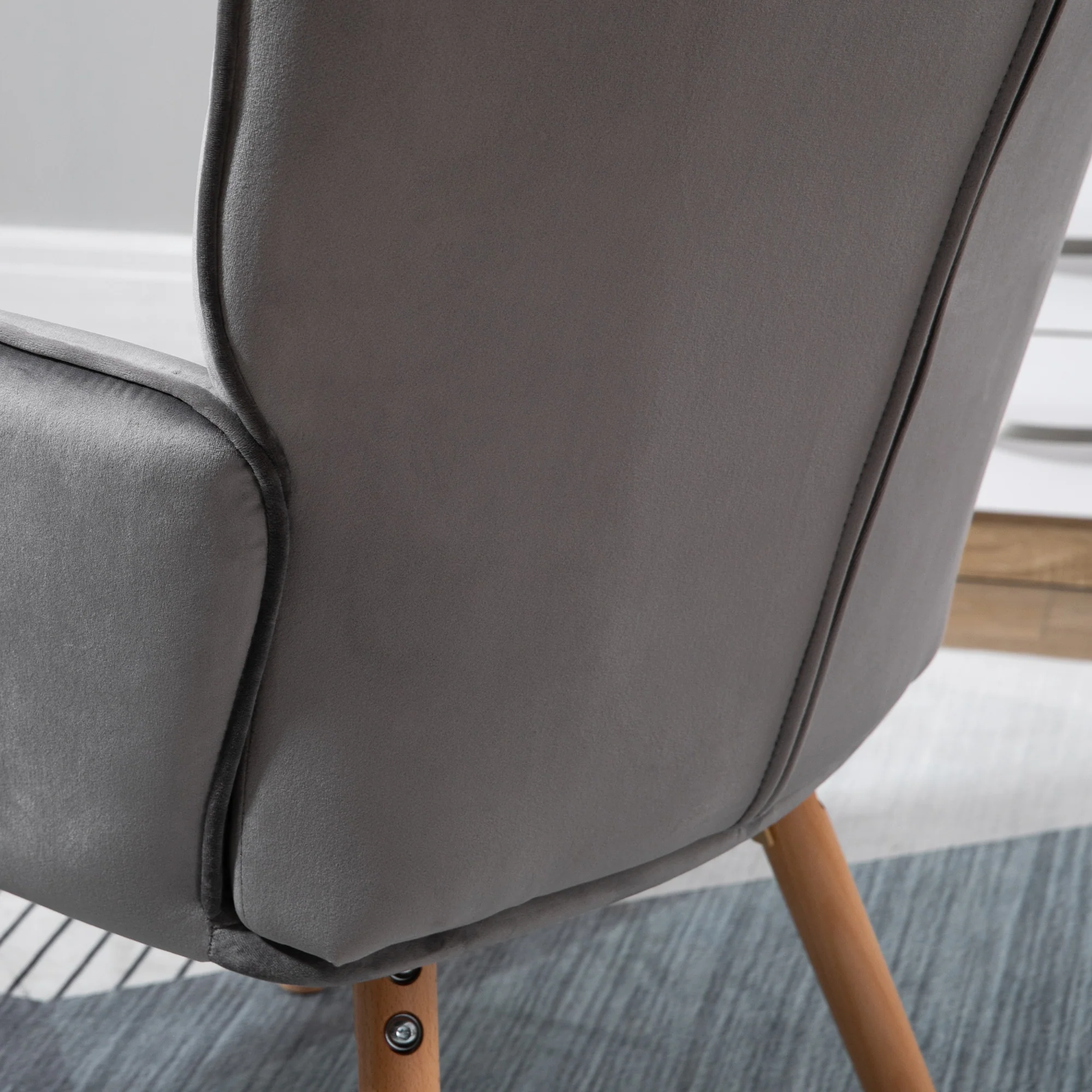 Modern Accent Chair, Velvet Wingback Armchair with Seat Padding, Wood Legs, Grey - Image 10