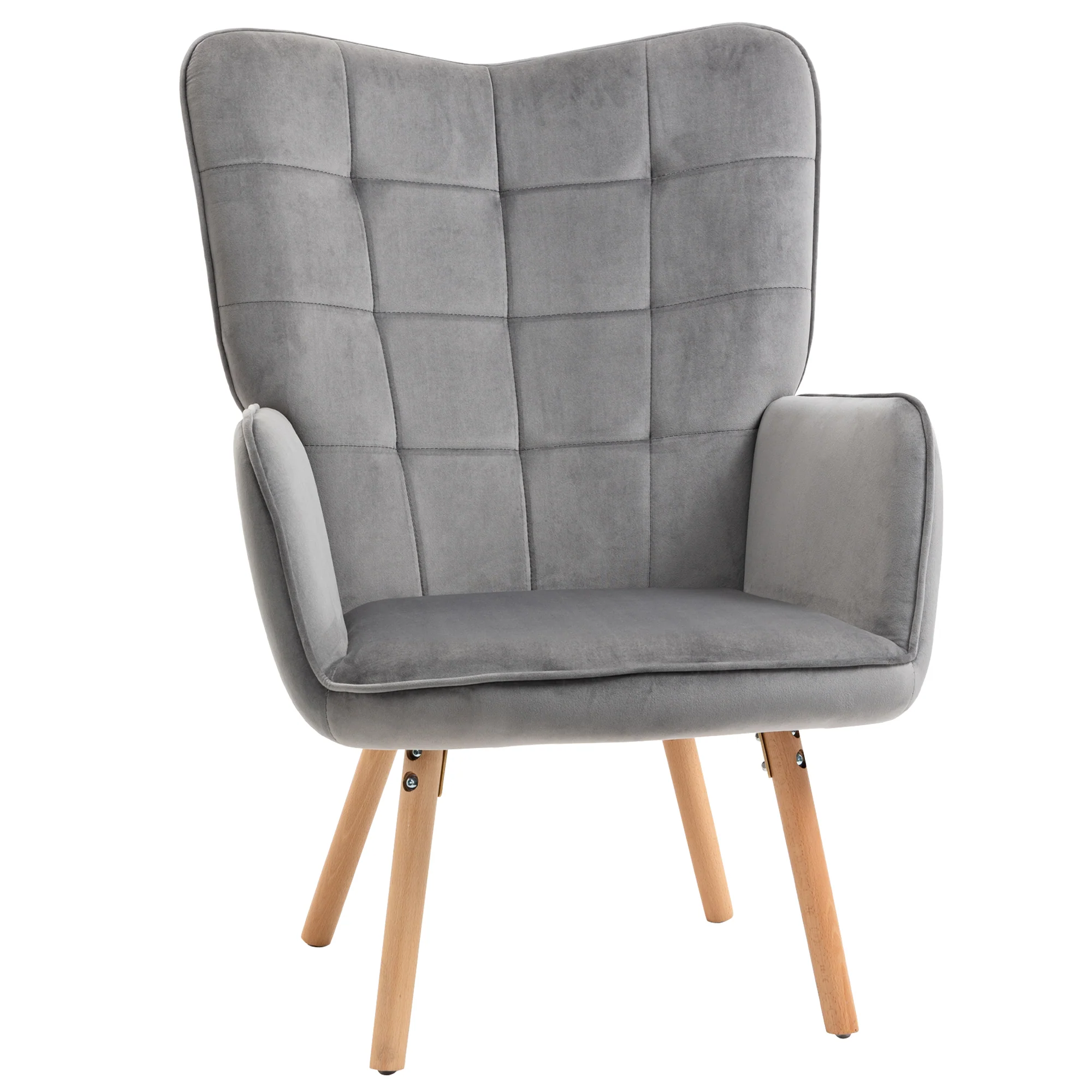 Modern Accent Chair, Velvet Wingback Armchair with Seat Padding, Wood Legs, Grey - Image 2