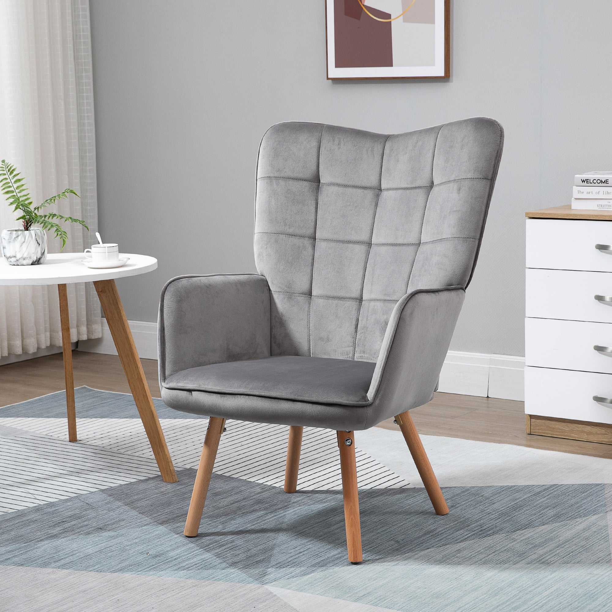 Modern Accent Chair, Velvet Wingback Armchair with Seat Padding, Wood Legs, Grey - Image 3