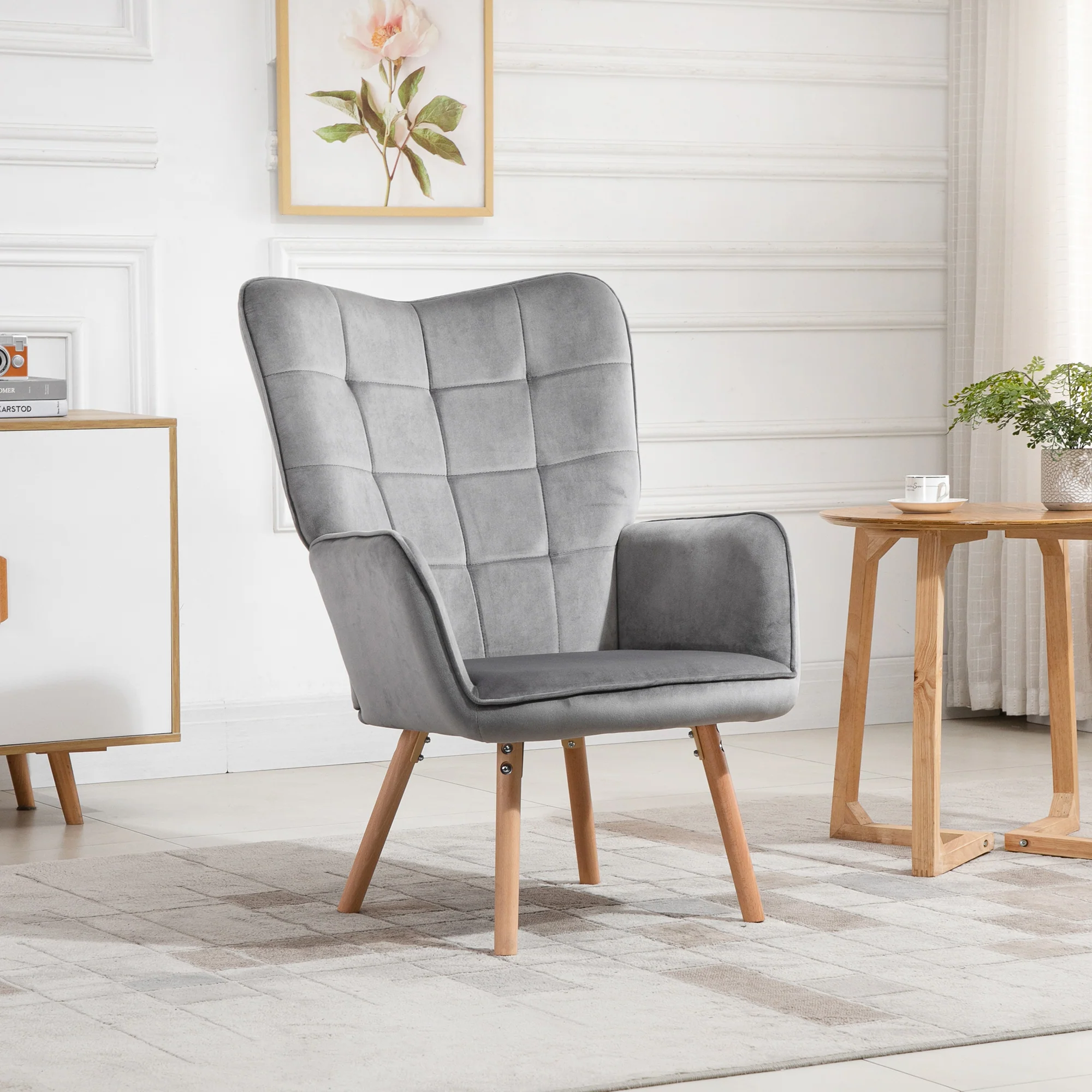 Modern Accent Chair, Velvet Wingback Armchair with Seat Padding, Wood Legs, Grey - Image 4