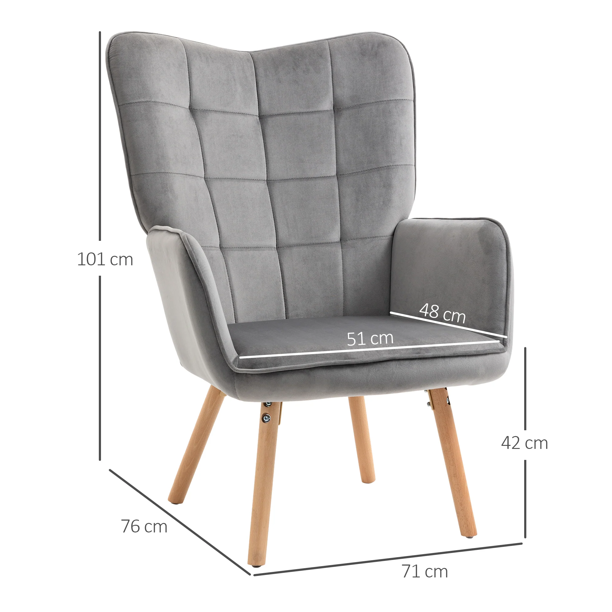 Modern Accent Chair, Velvet Wingback Armchair with Seat Padding, Wood Legs, Grey - Image 5