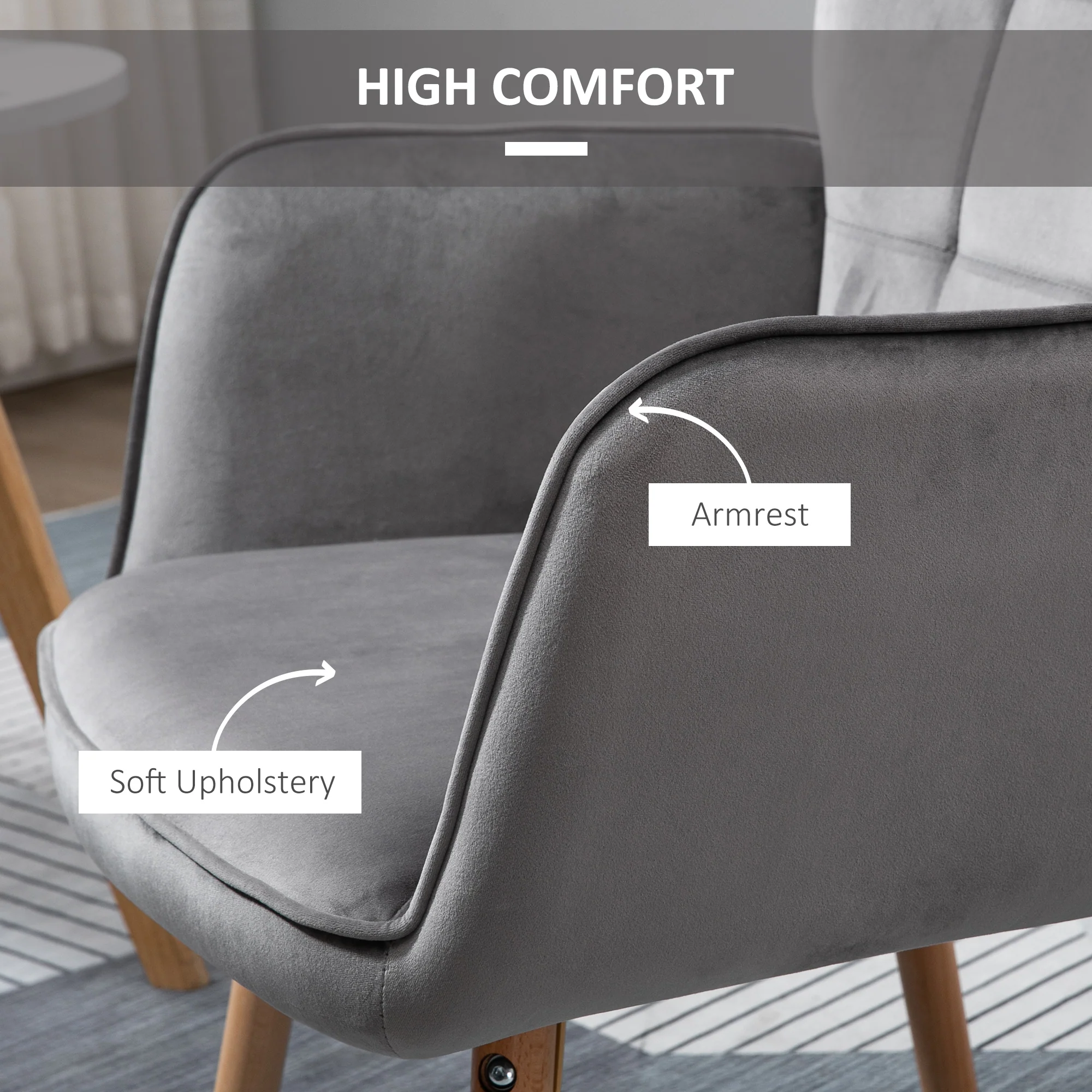 Modern Accent Chair, Velvet Wingback Armchair with Seat Padding, Wood Legs, Grey - Image 6