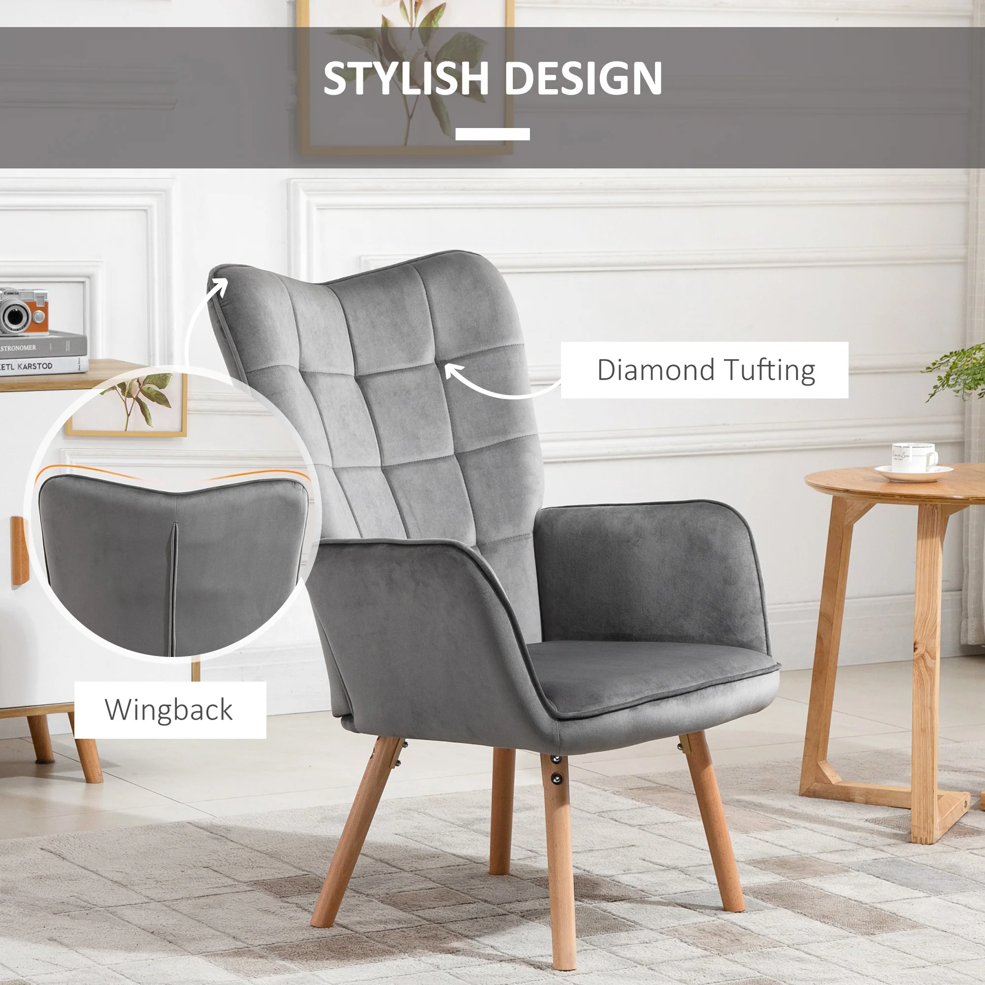 Modern Accent Chair, Velvet Wingback Armchair with Seat Padding, Wood Legs, Grey - Image 7