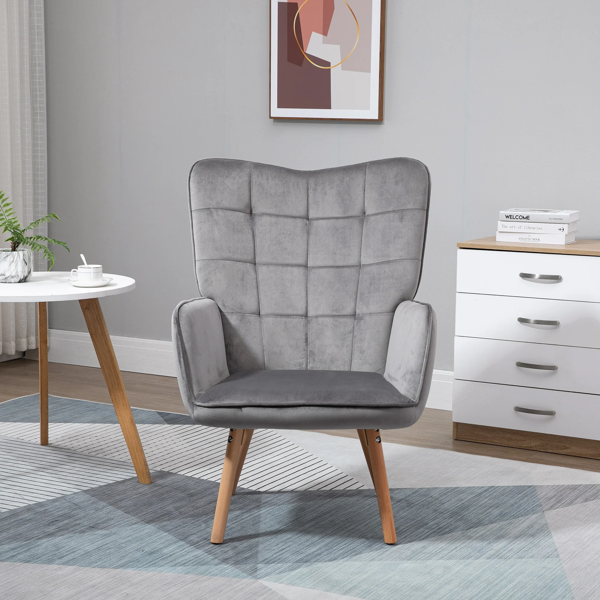 Modern Accent Chair, Velvet Wingback Armchair with Seat Padding, Wood Legs, Grey - Image 8