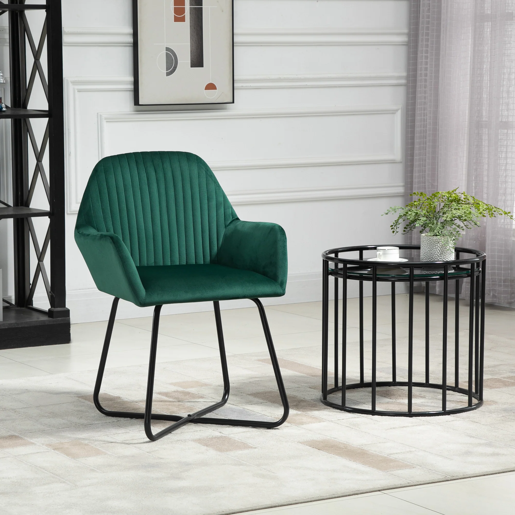 Modern Accent Chair, Velvet-Touch Fabric Upholstered Armchair with Metal Base, Green - Image 4