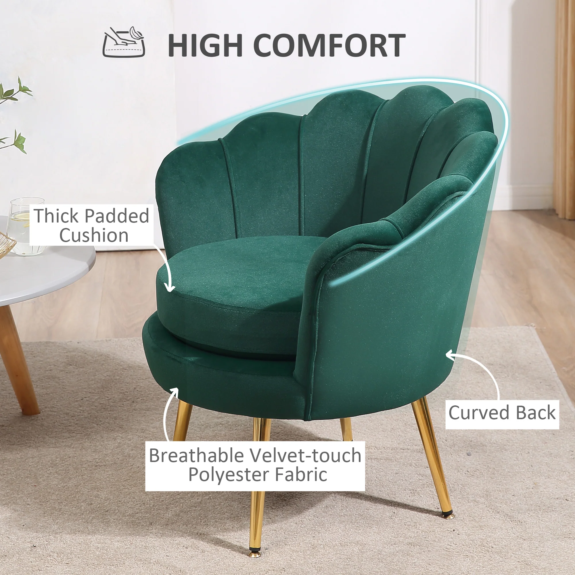 Modern Velvet Accent Chair with Gold Metal Legs & Soft Cushion, Dark Green - Image 7