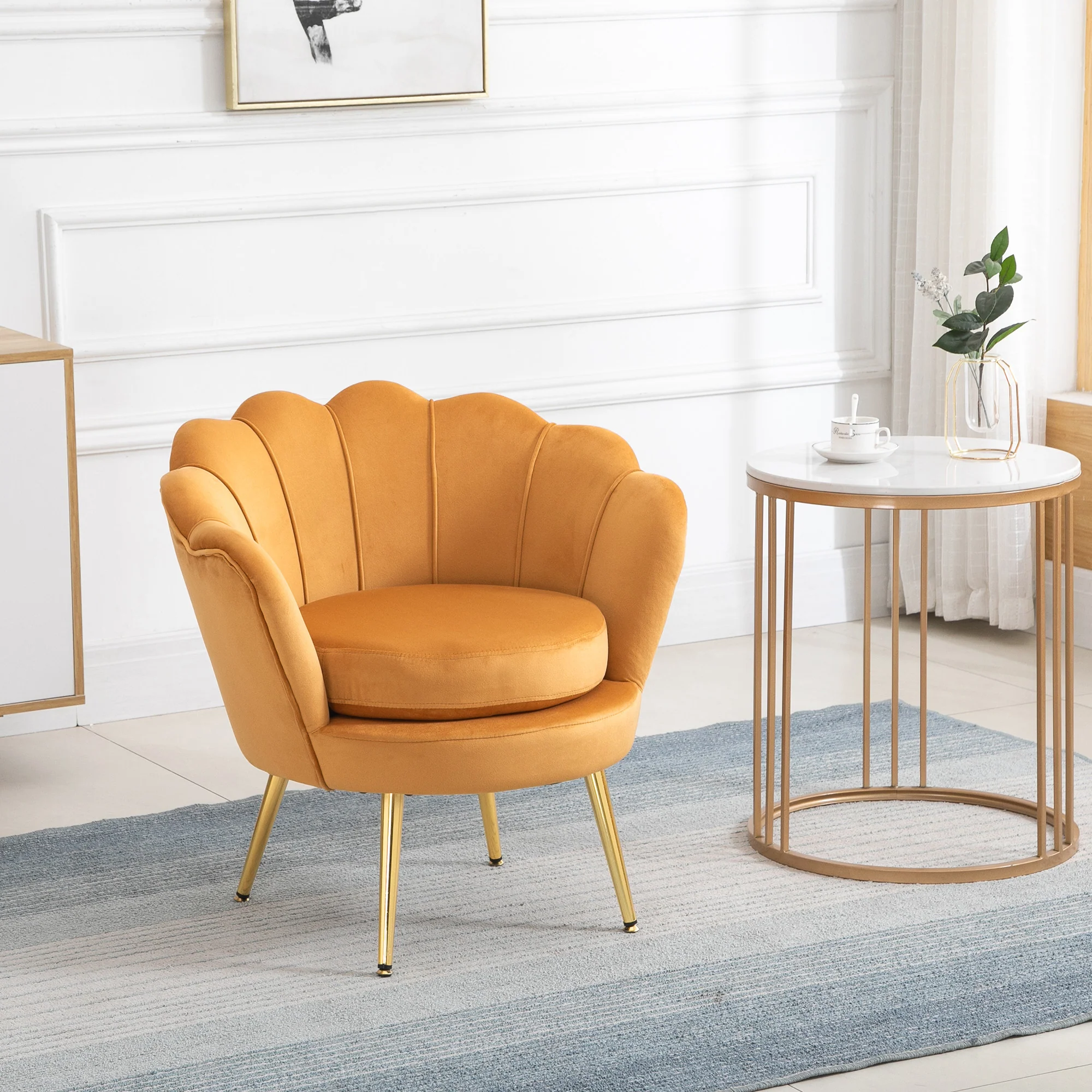 Modern Velvet Accent Chair with Gold Metal Legs & Soft Cushion, Yellow - Image 3