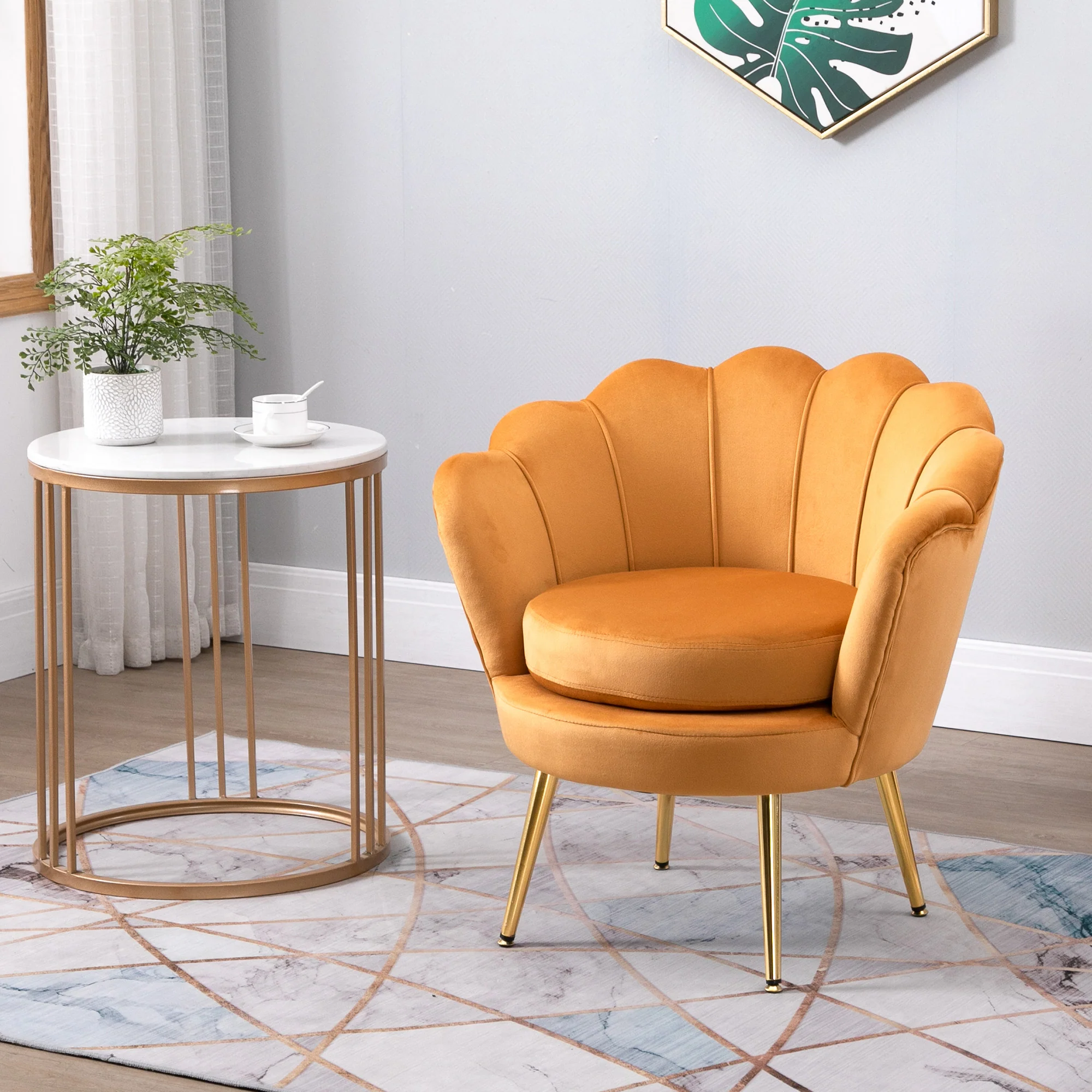 Modern Velvet Accent Chair with Gold Metal Legs & Soft Cushion, Yellow - Image 4