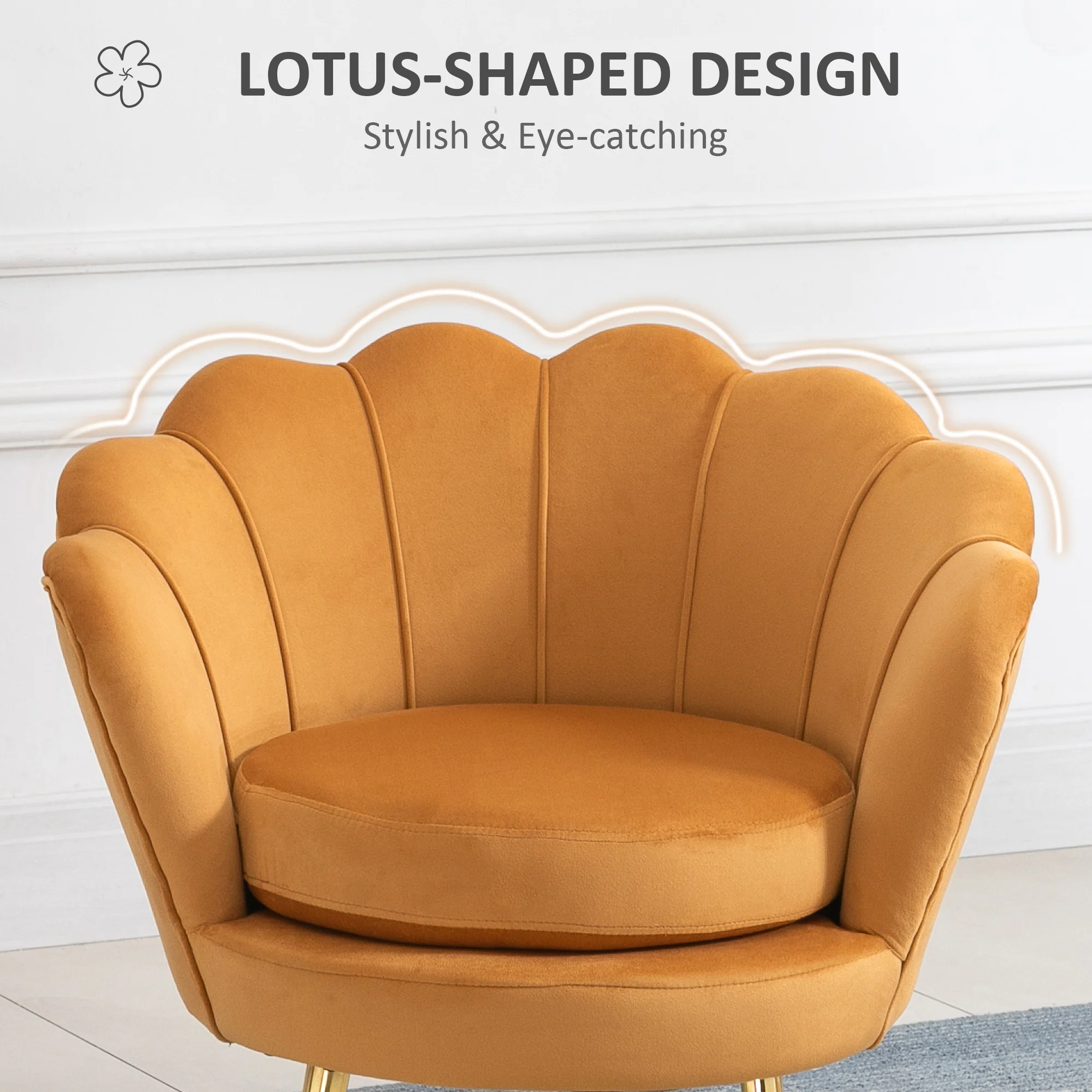 Modern Velvet Accent Chair with Gold Metal Legs & Soft Cushion, Yellow - Image 6