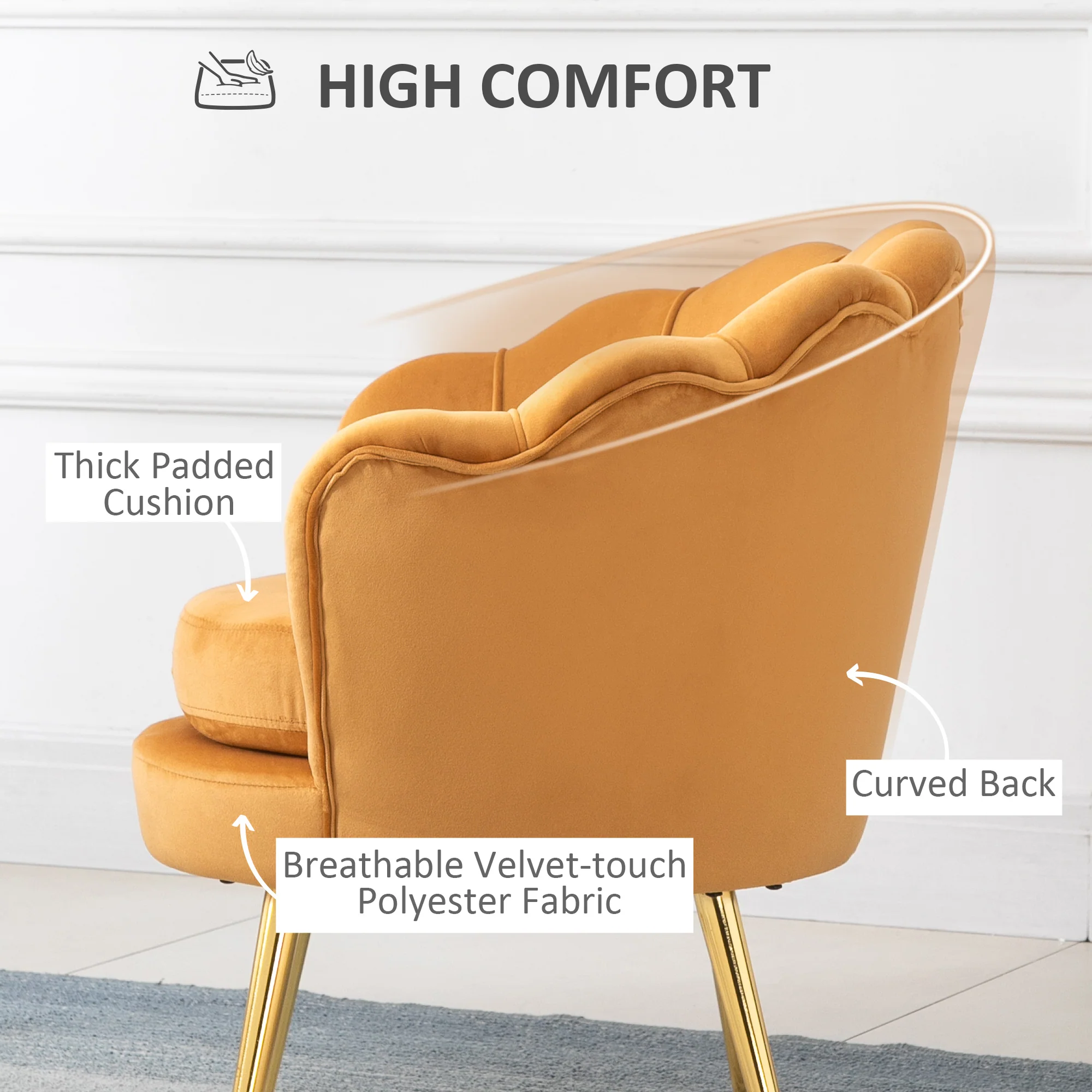 Modern Velvet Accent Chair with Gold Metal Legs & Soft Cushion, Yellow - Image 7