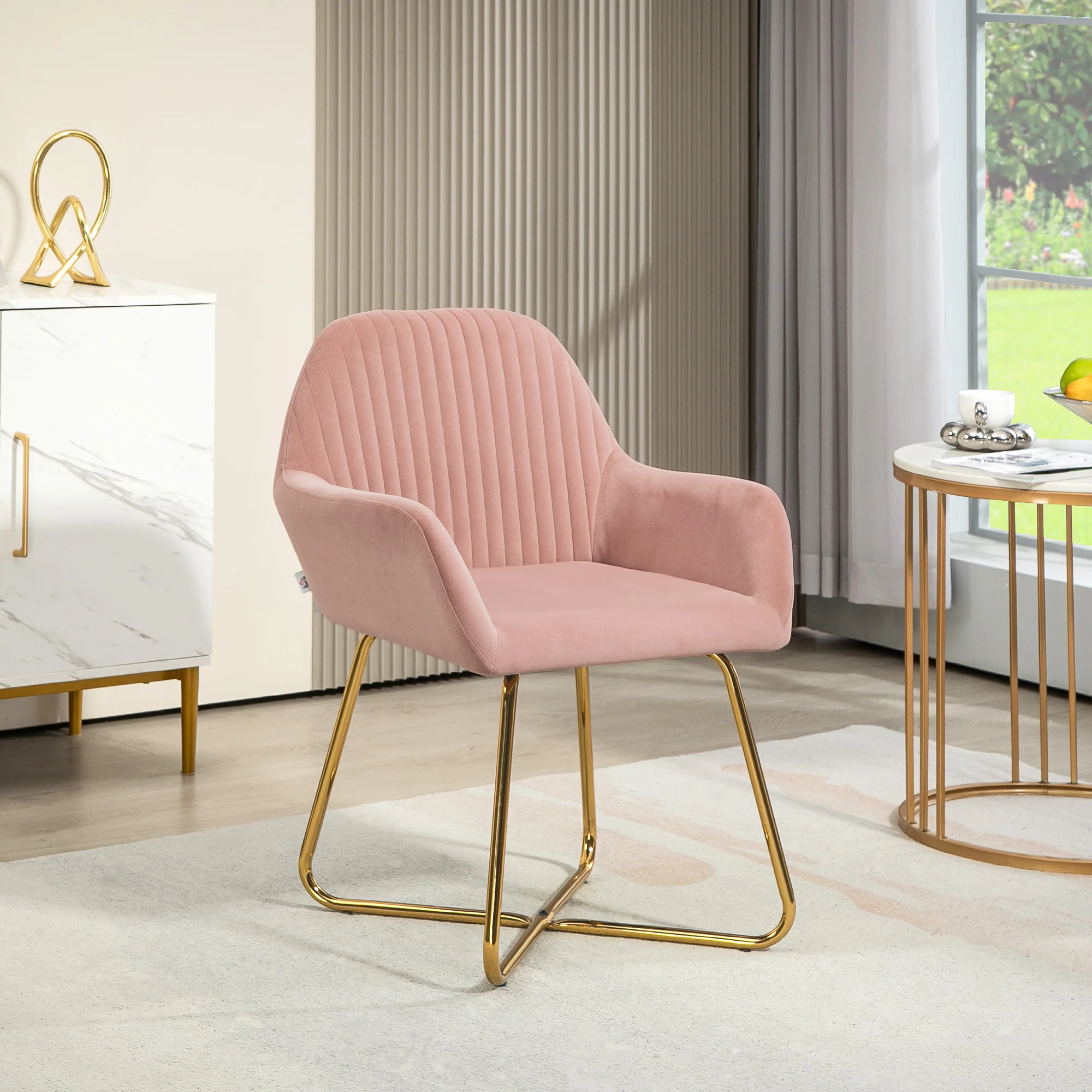 Modern Accent Chair, Velvet-Touch Fabric Upholstered Armchair with Metal Base, Pink - Image 3