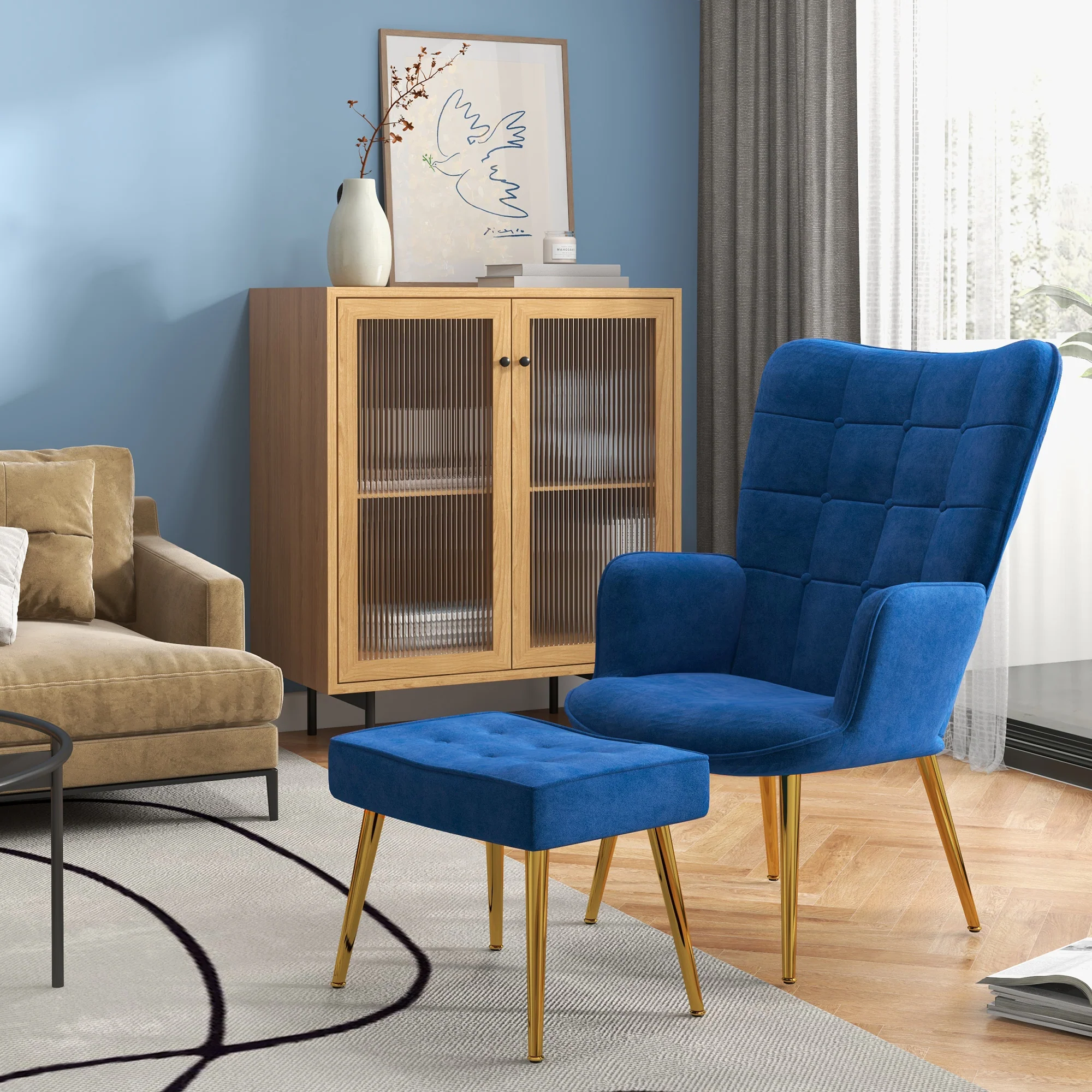 Modern Accent Chair with Ottoman & Gold Metal Legs, Dark Blue - Image 3
