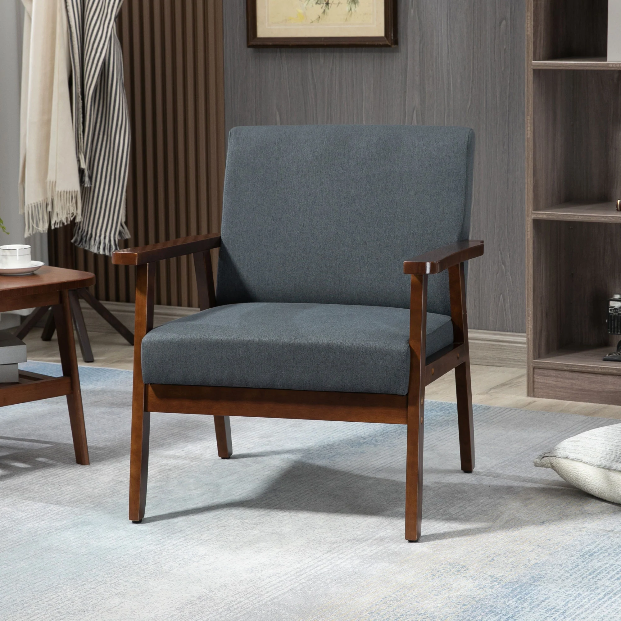 Morden Linen-Feel Accent Chair with Wood Legs & Arms Dark Gray - Image 11