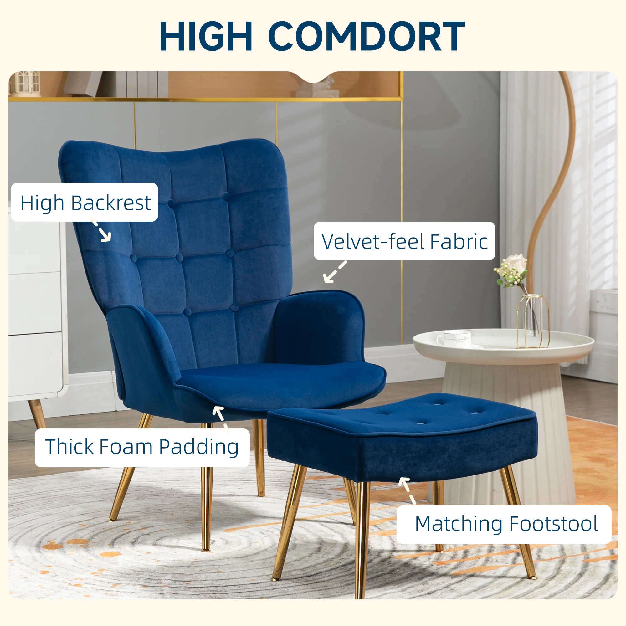 Velvet Wingback Armchair, Modern Accent Chair with Ottoman & Steel Legs, Dark Blue - Image 6