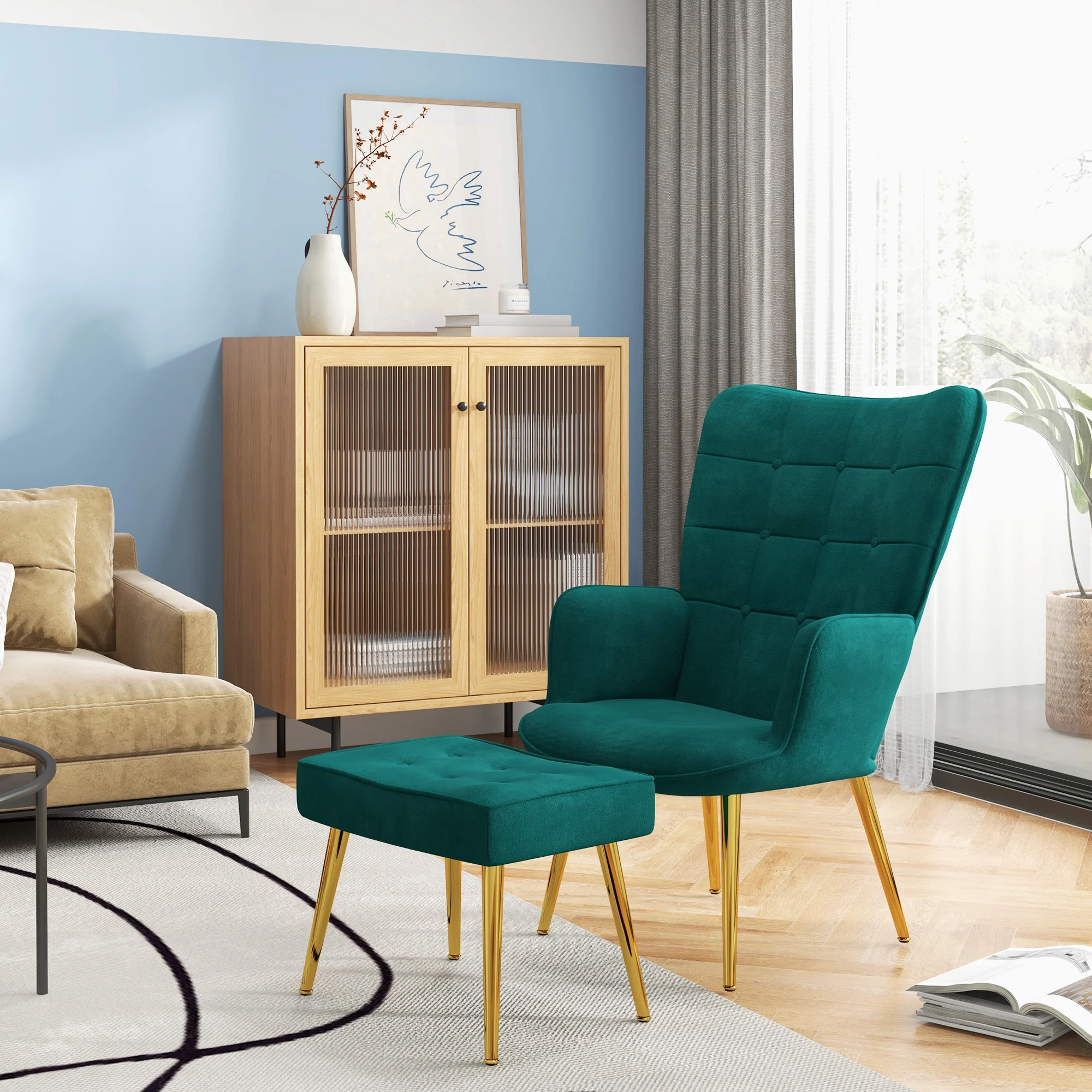 Velvet Wingback Armchair, Modern Accent Chair with Ottoman & Steel Legs, Dark Green - Image 3